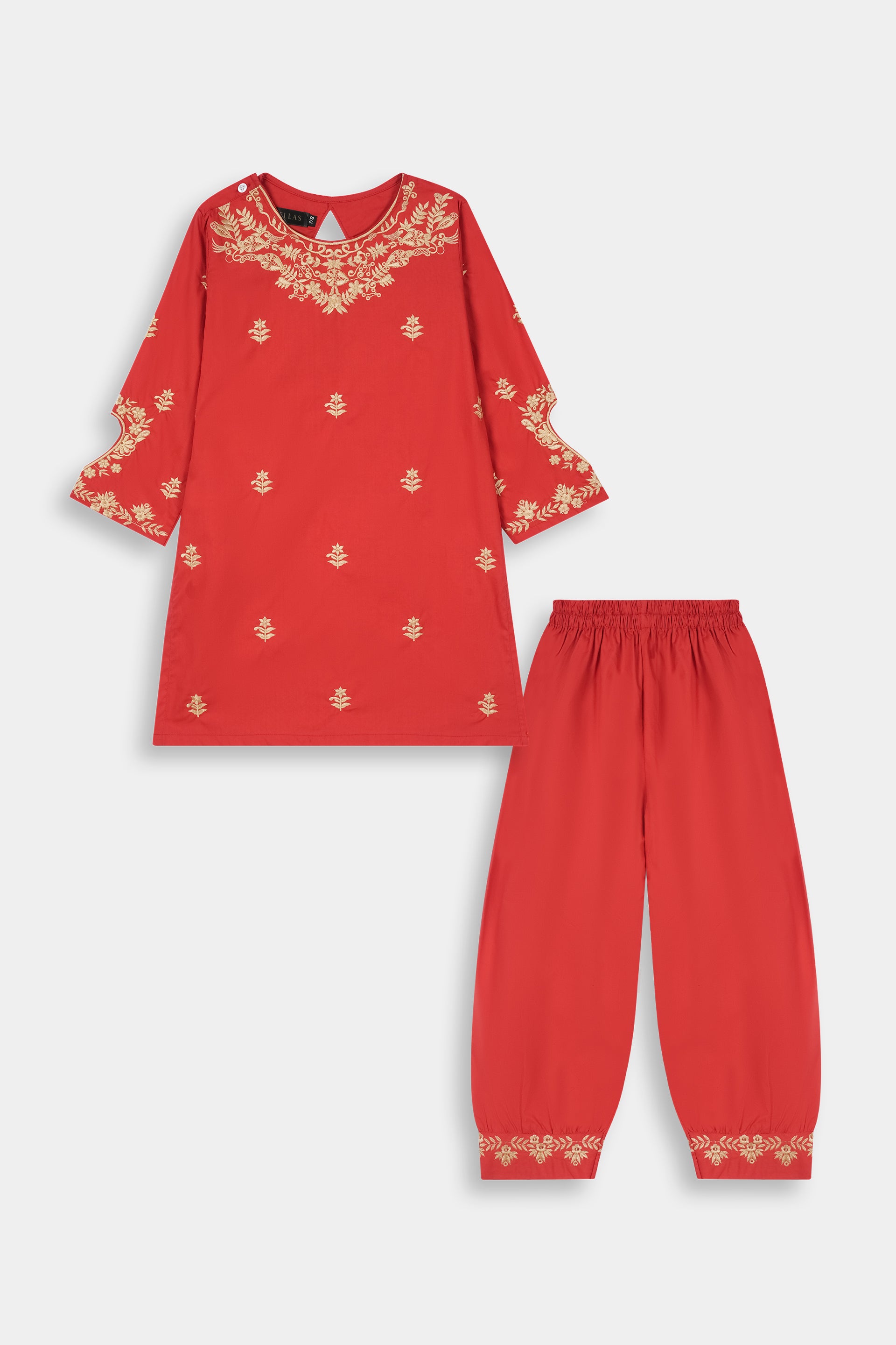 Festive Red Embroidered Kurta & Tulip Trouser Set
