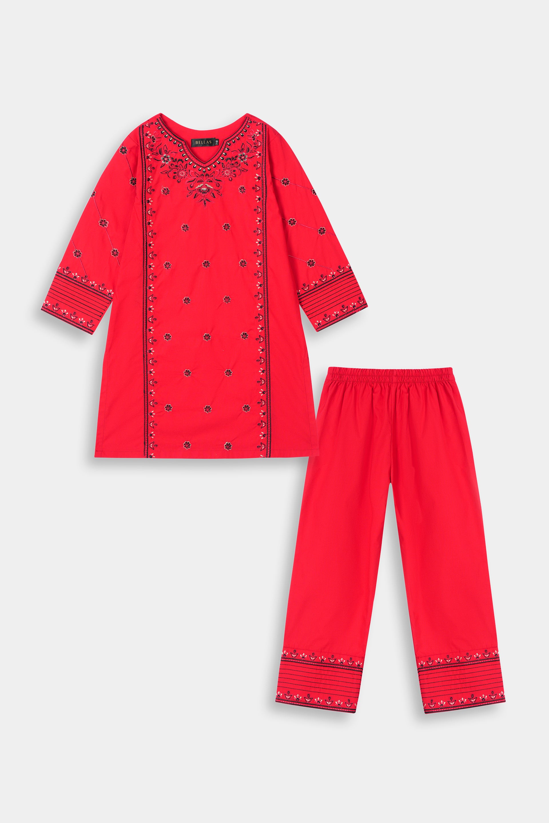 Bold Red Black & Multi-thread Embroidered Kurta Trouser Set