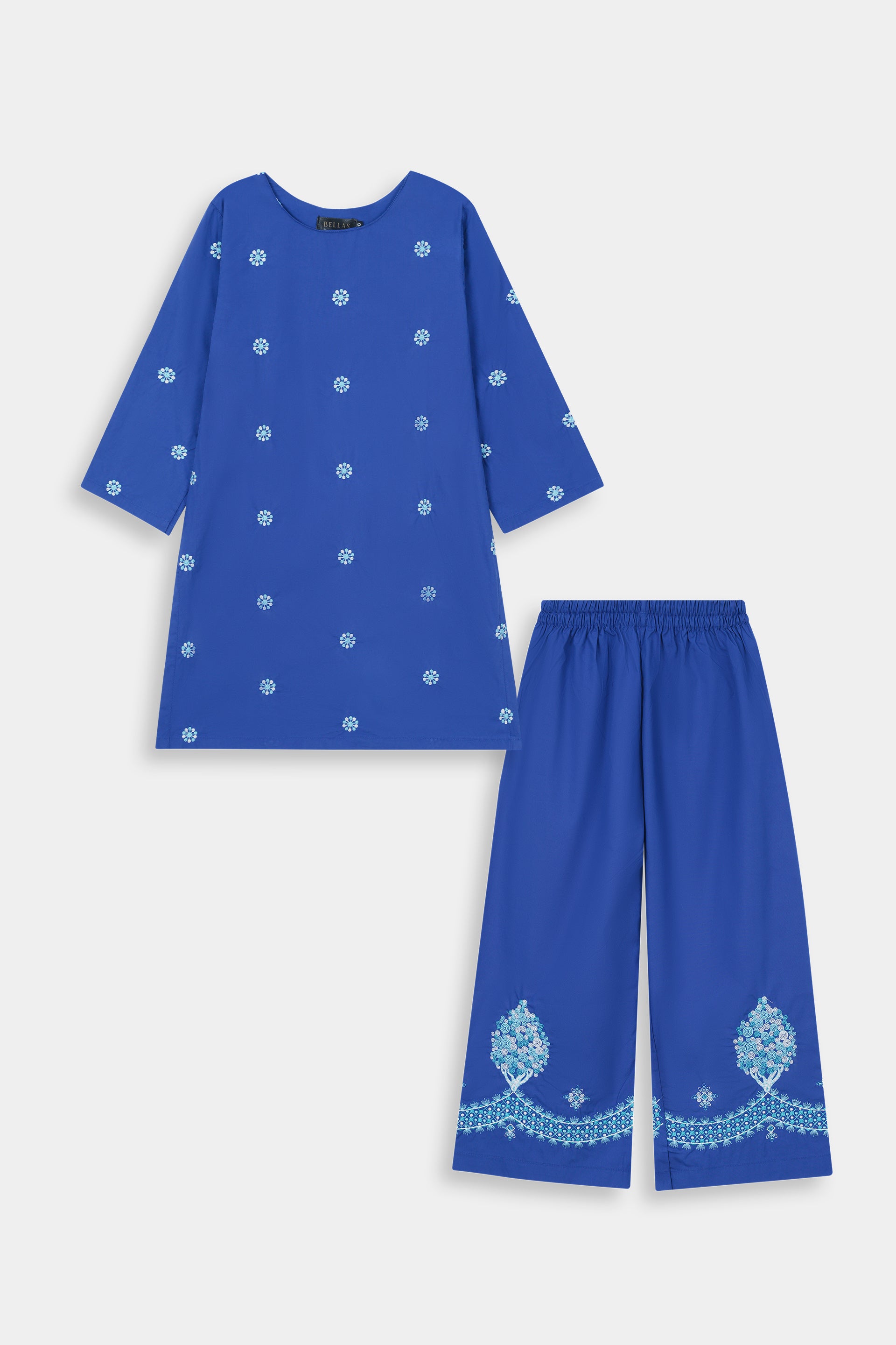 Royal Blue Embroidered Kurta & Tree Motif Trouser Set