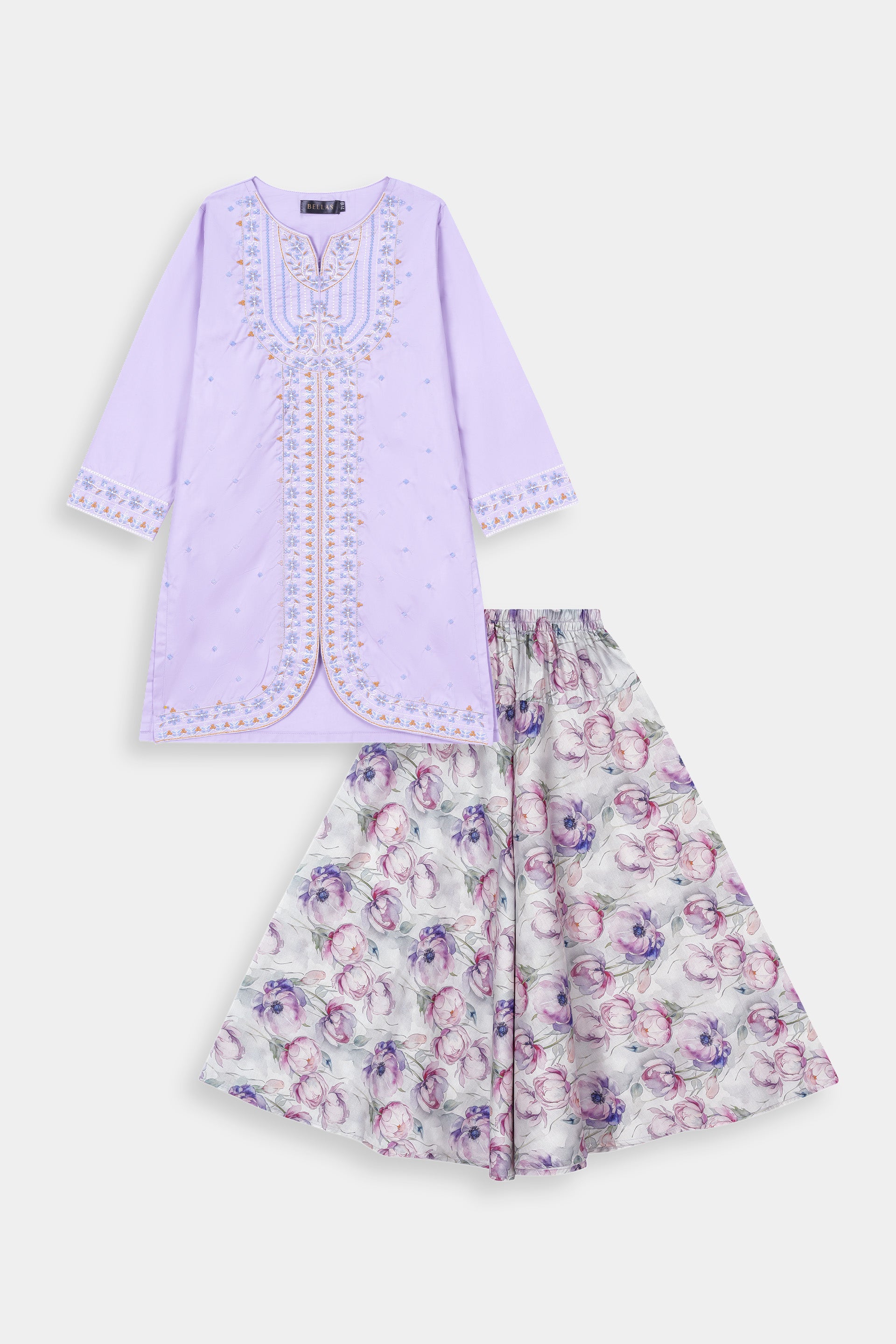 Pastel Lilac Embroidered Kurta & Watercolor Floral Skirt Set