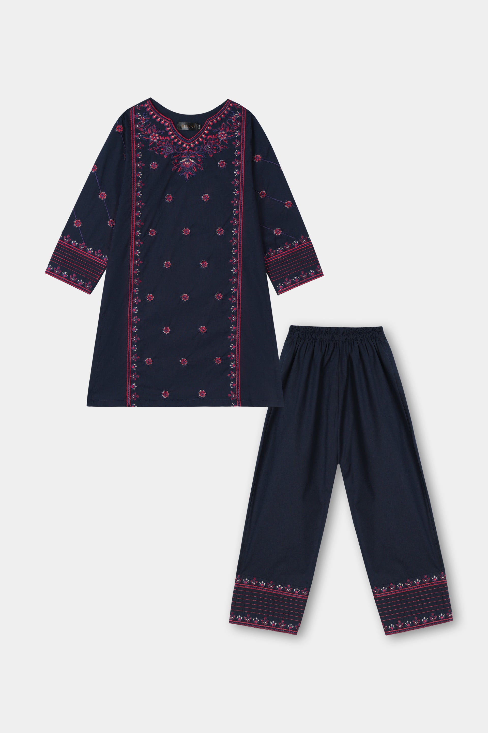 Sophisticated Navy Blue, Pink Floral Embroidered Kurta Trouser Set
