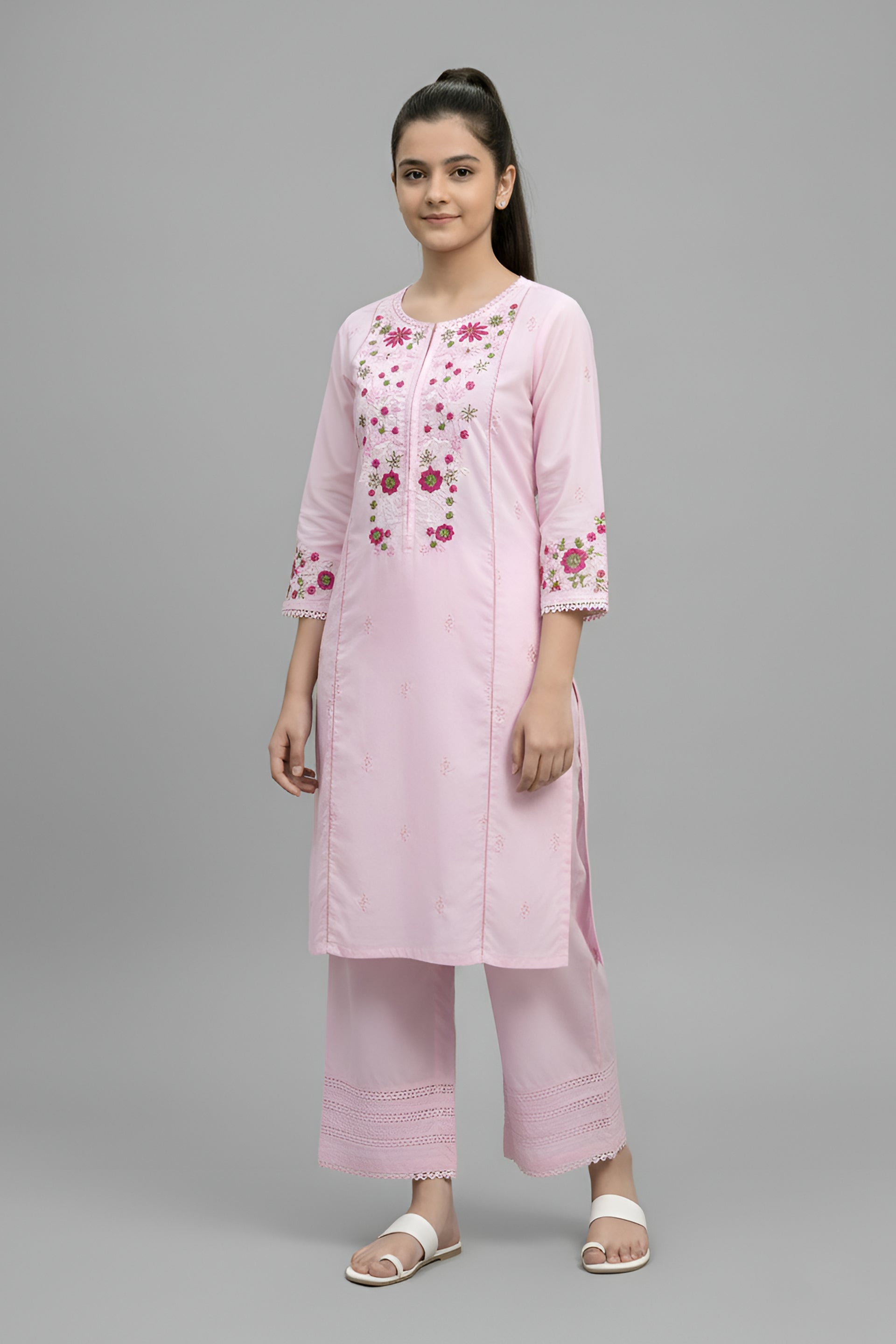 Stylish Pink Floral Embroidered Kurta & Trouser Set