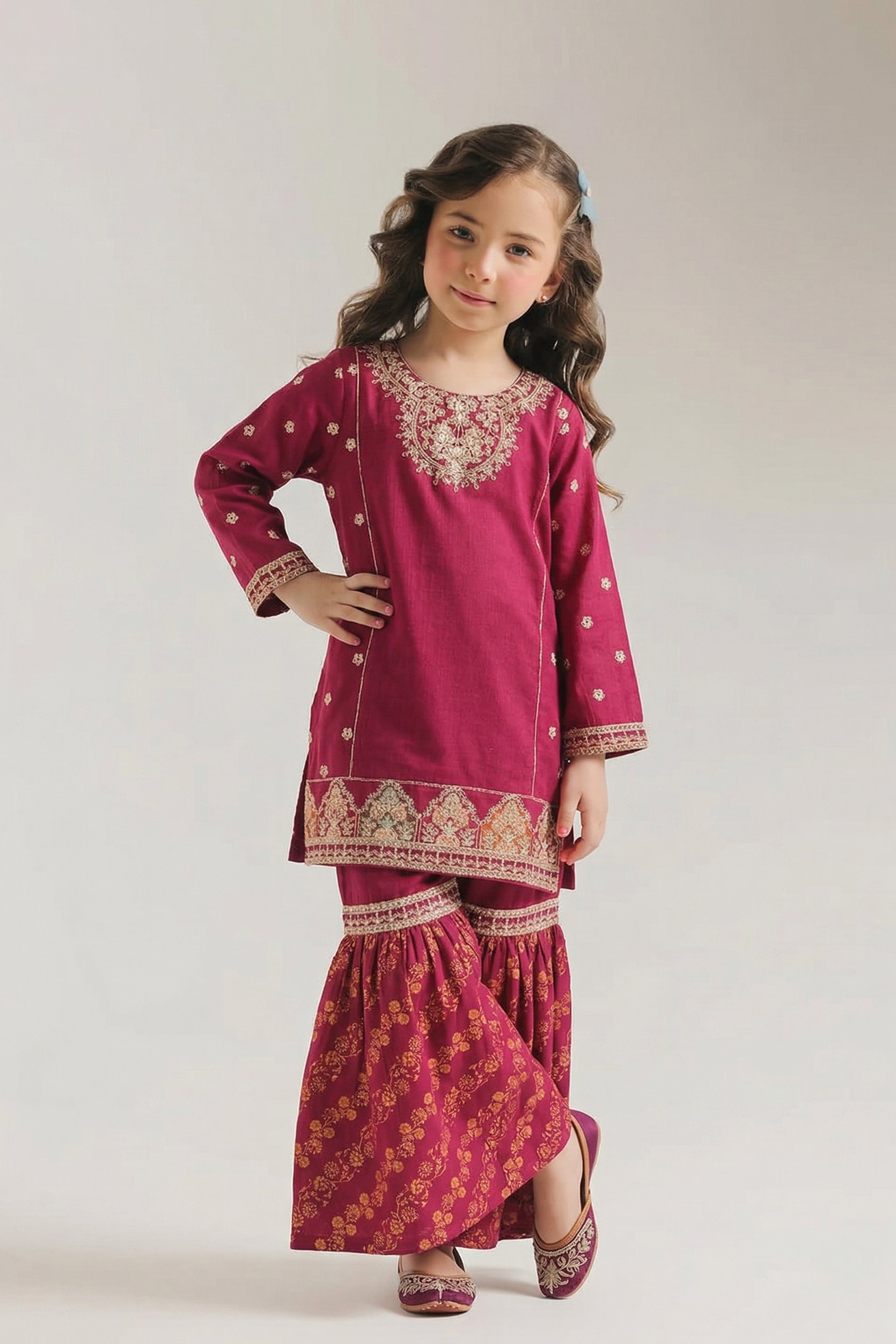 Luxurious Maroon Printed & Embroidered Kurta & Gharara Set