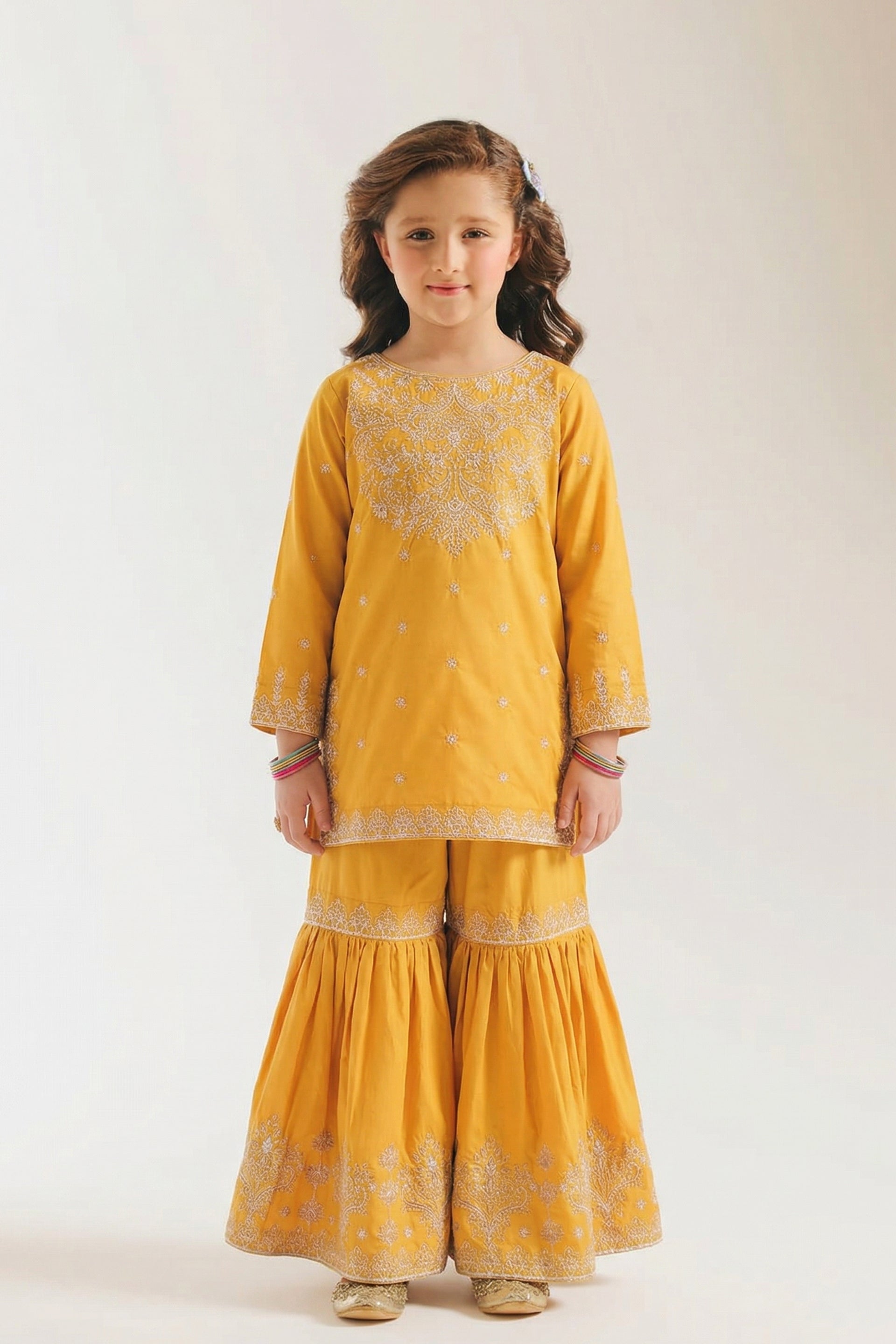 Vibrant Mustard Yellow Silver Embroidered Kurta & Gharara Set