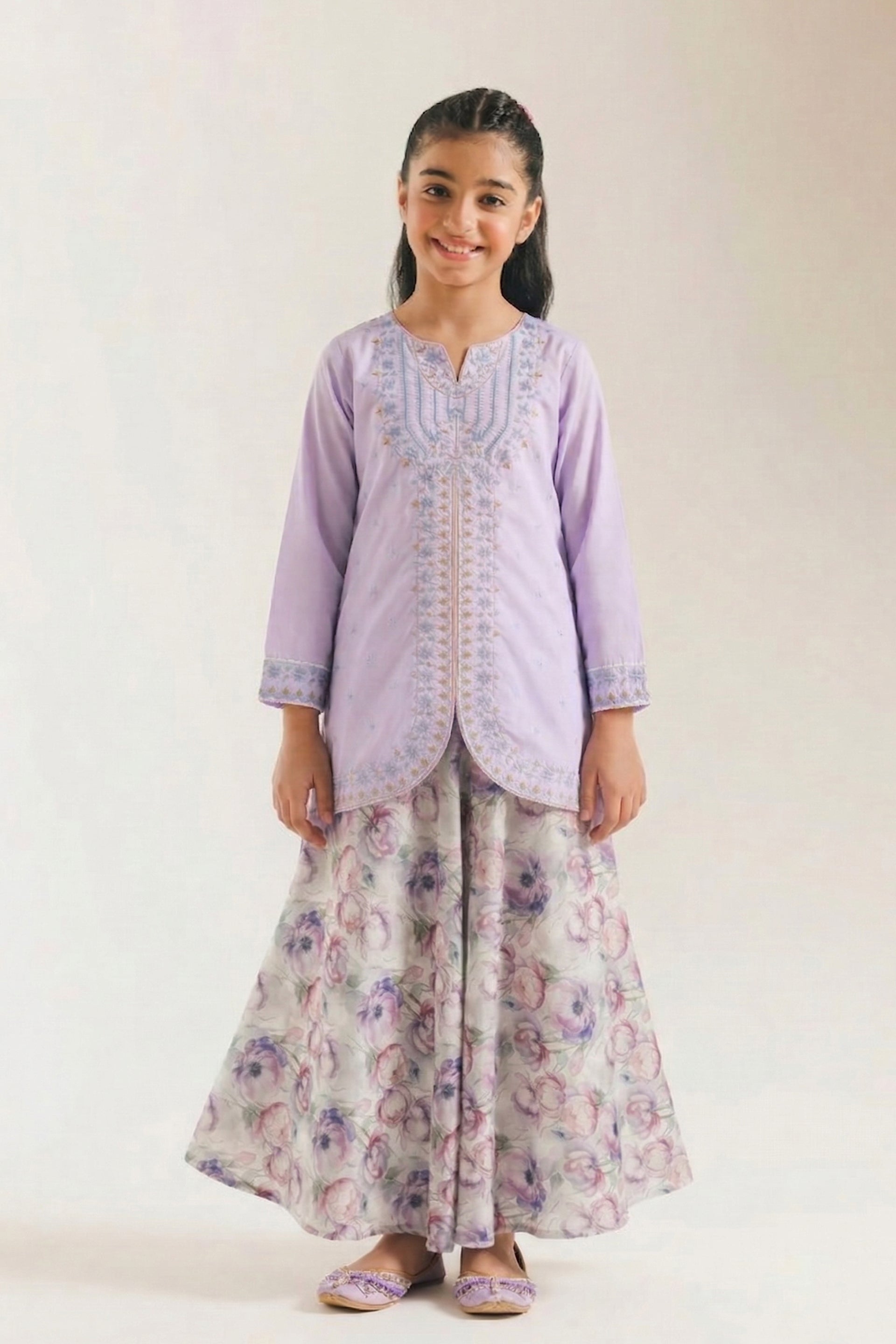 Pastel Lilac Embroidered Kurta & Watercolor Floral Skirt Set