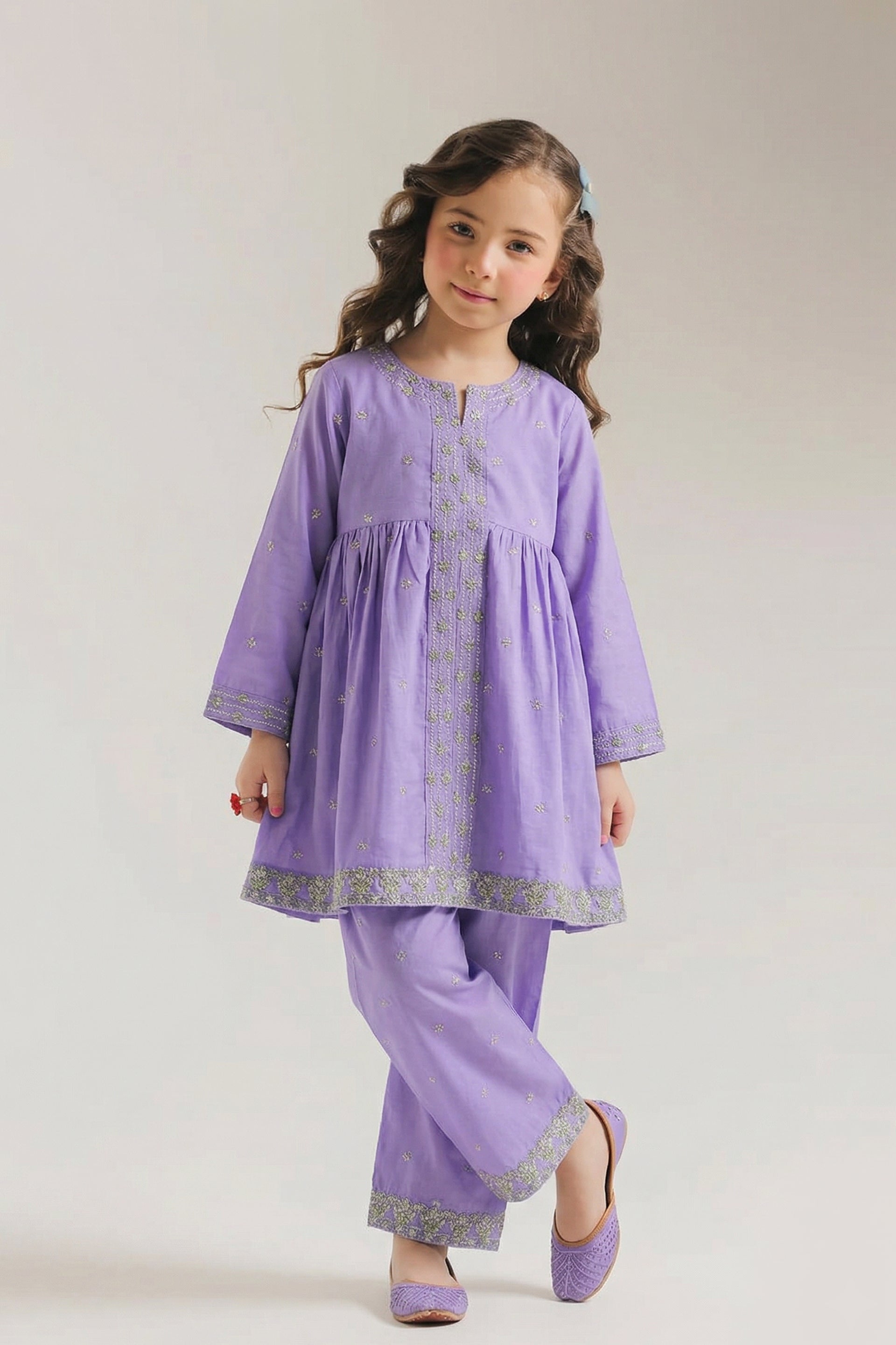 Stylish Light purple Green Embroidered Peplum Kurta & Trouser Set