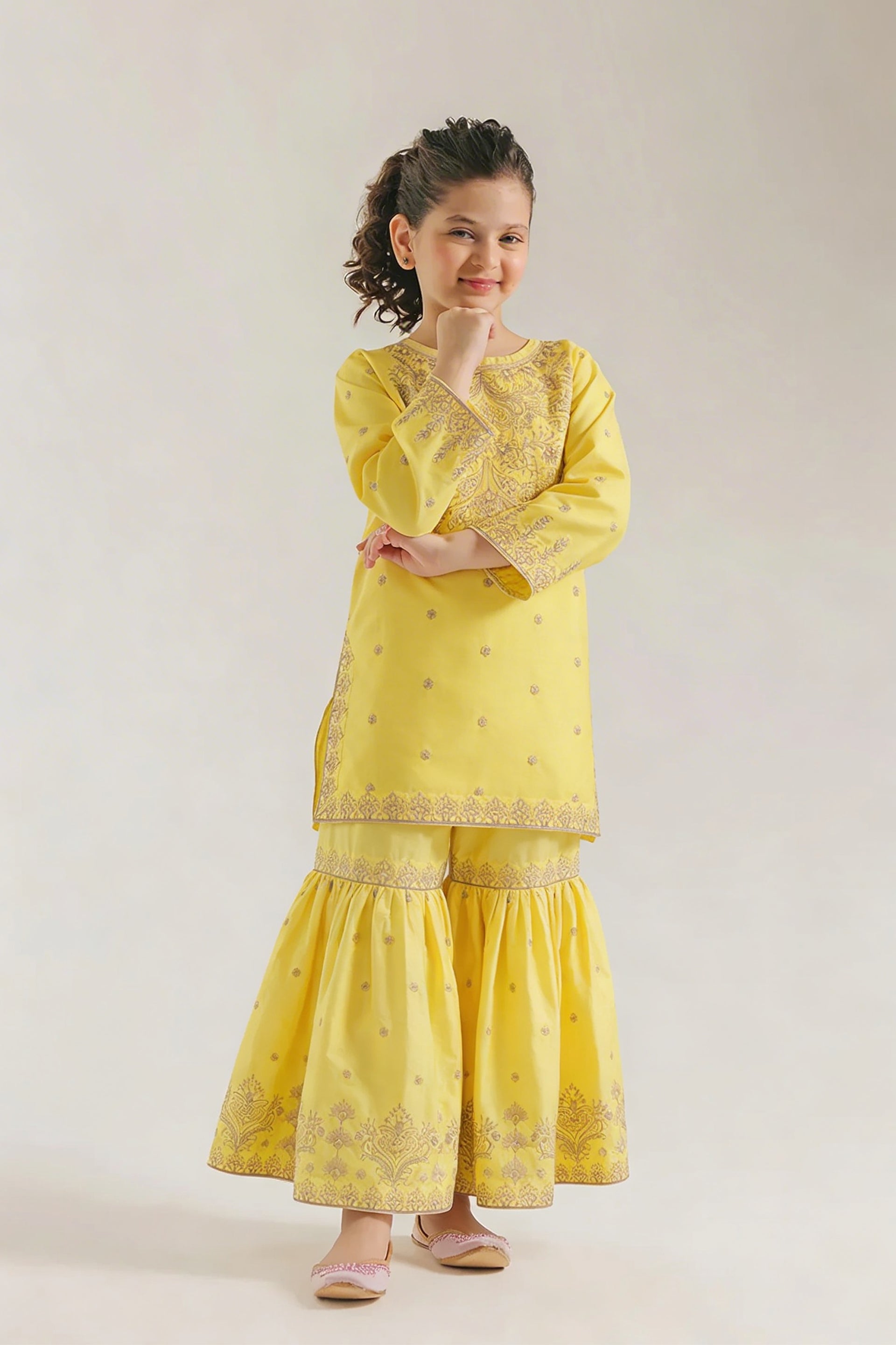 Festive Yellow Gold Embroidered Kurta & Gharara Set