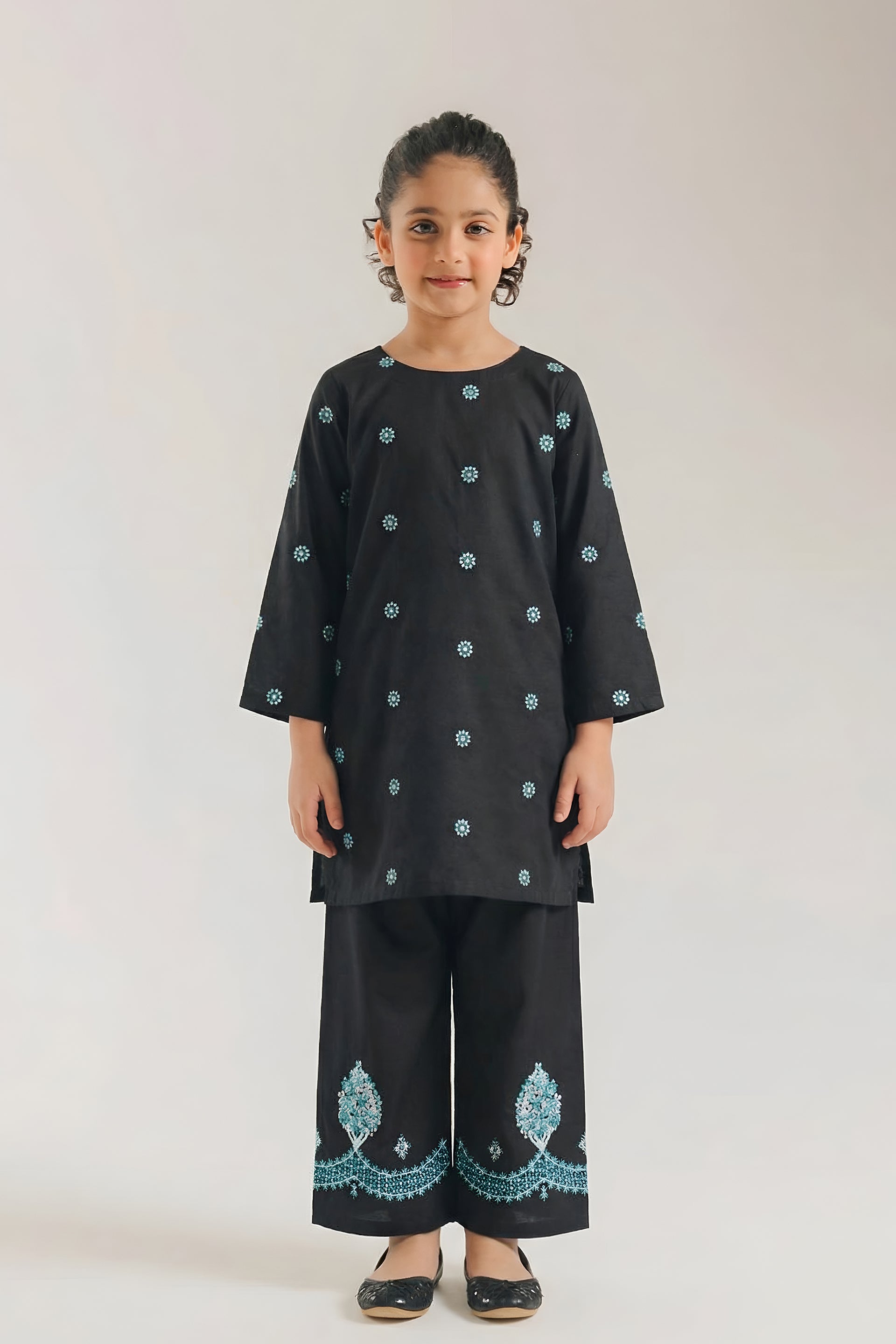 Sophisticated Black & Blue Floral Embroidered Kurta Trouser Set
