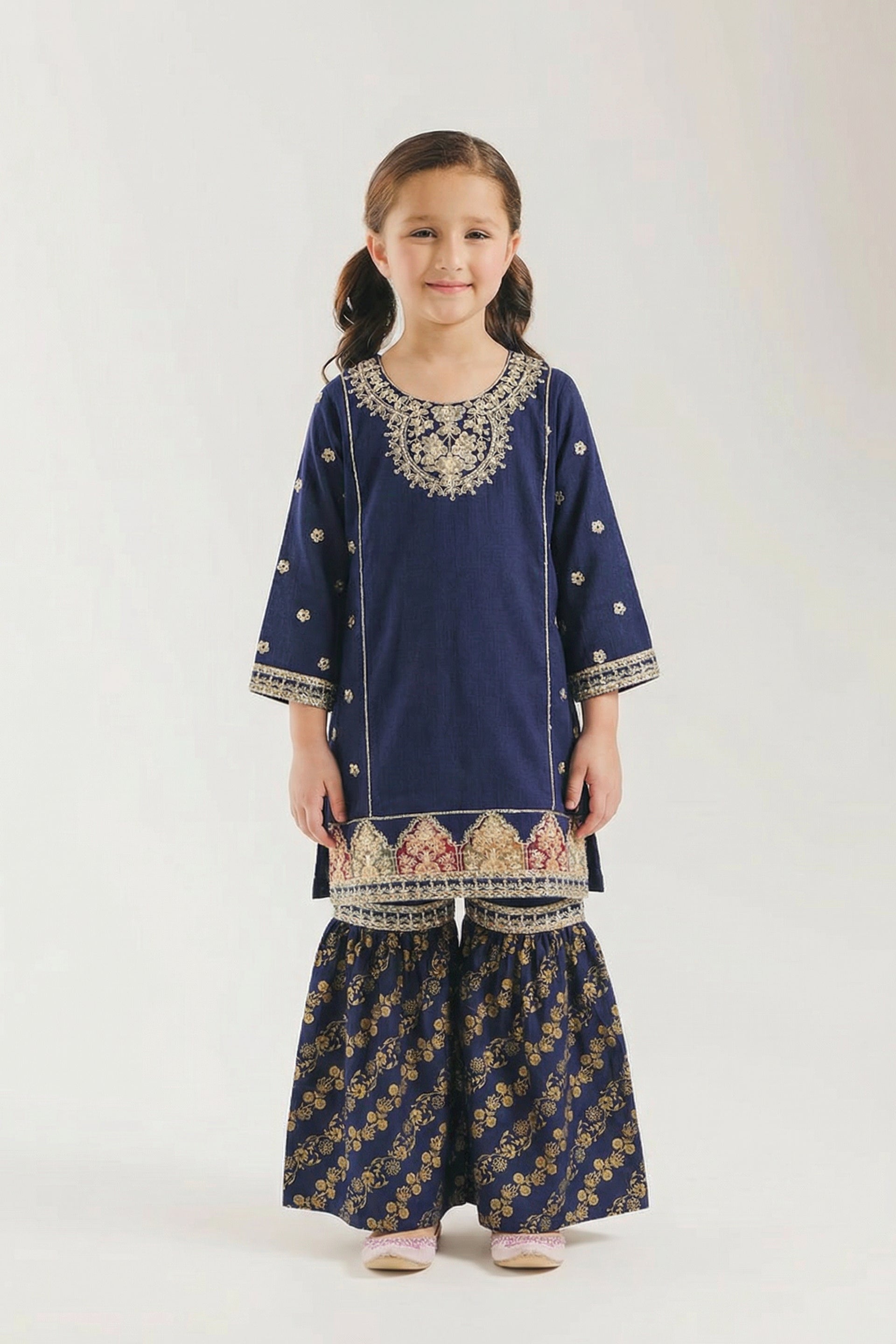 Festive Navy Blue Printed & Embroidered Kurta & Gharara Set