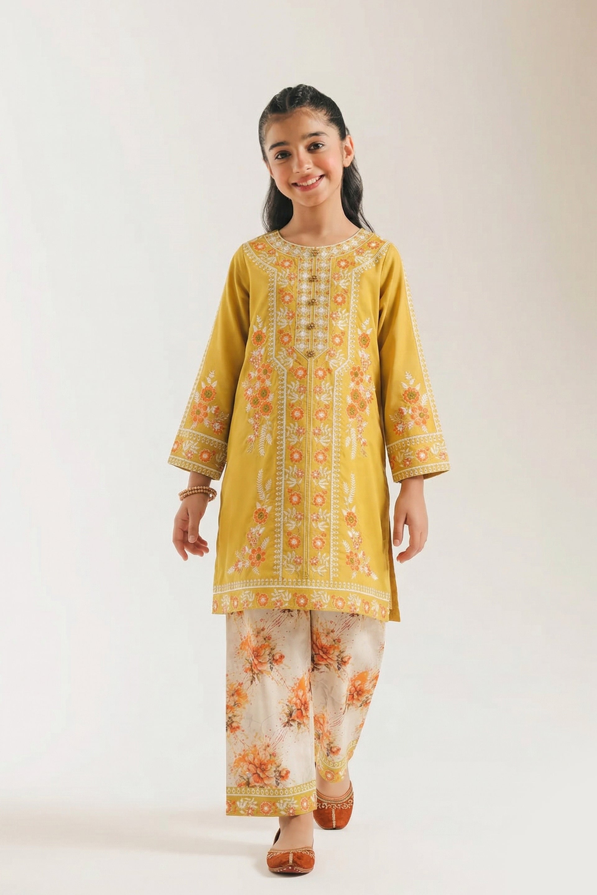 Vibrant Yellow Embroidered Kurta & Floral Printed Trouser Set