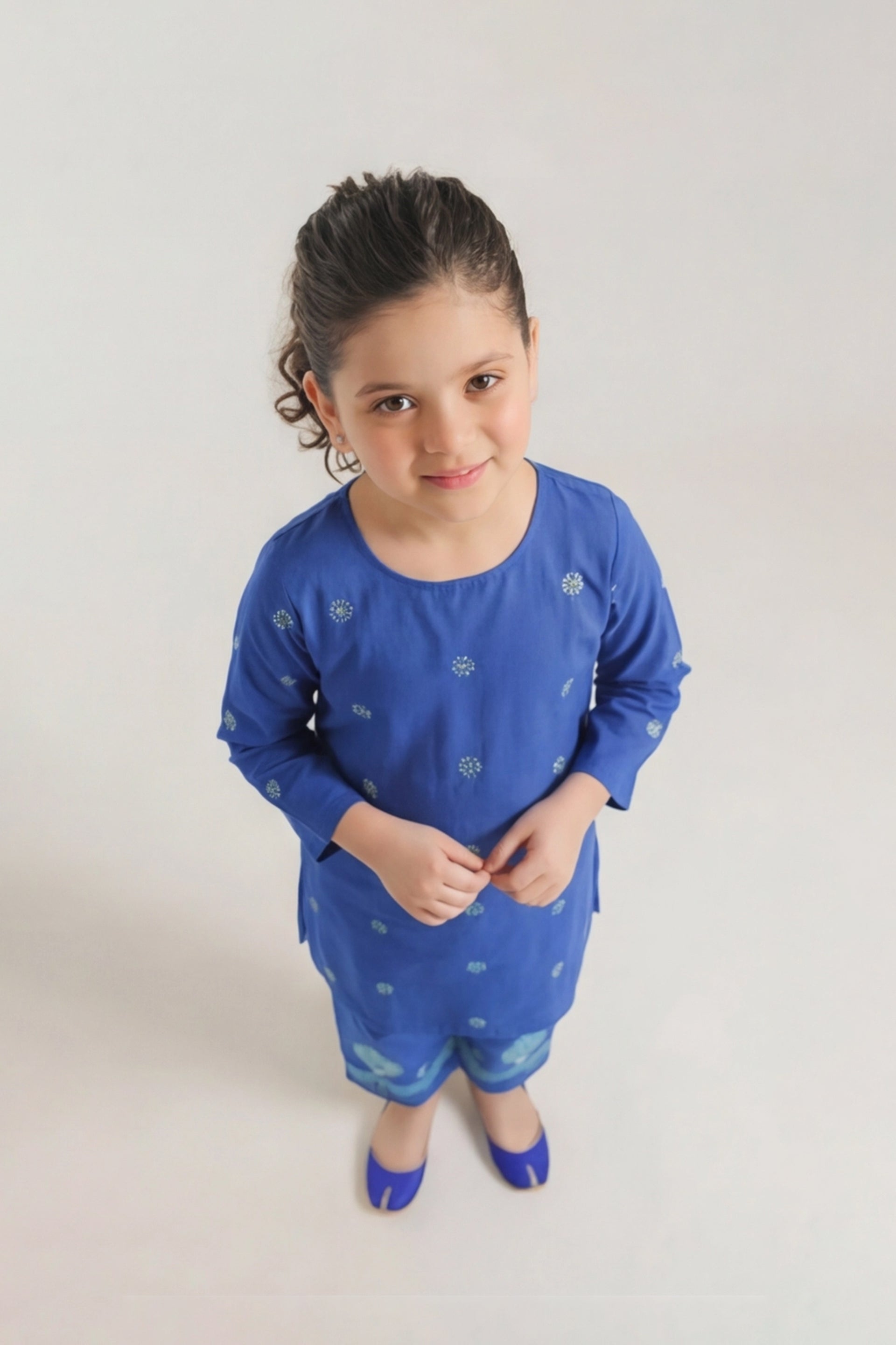 Royal Blue Embroidered Kurta & Tree Motif Trouser Set