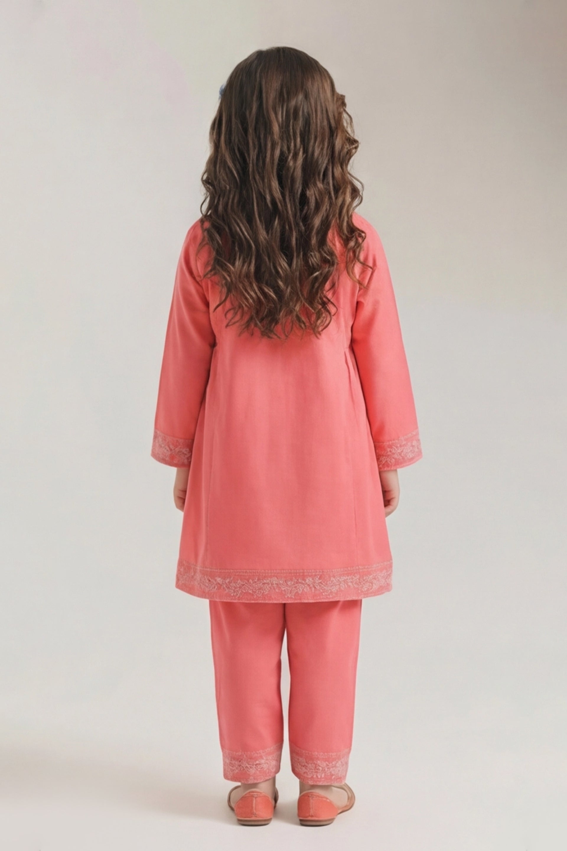 Chic Salmon Pink White Embroidered Peplum Kurta & Trouser Set