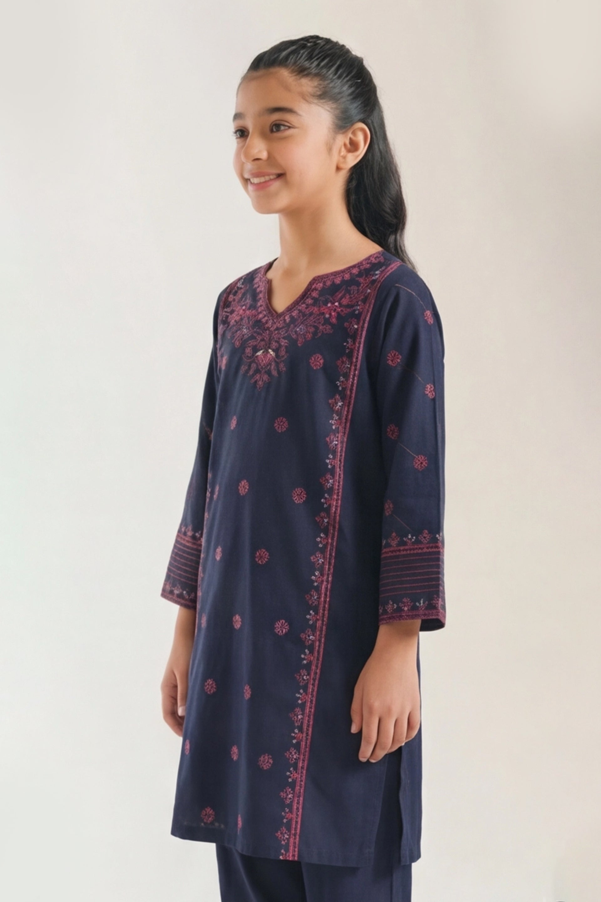 Sophisticated Navy Blue, Pink Floral Embroidered Kurta Trouser Set