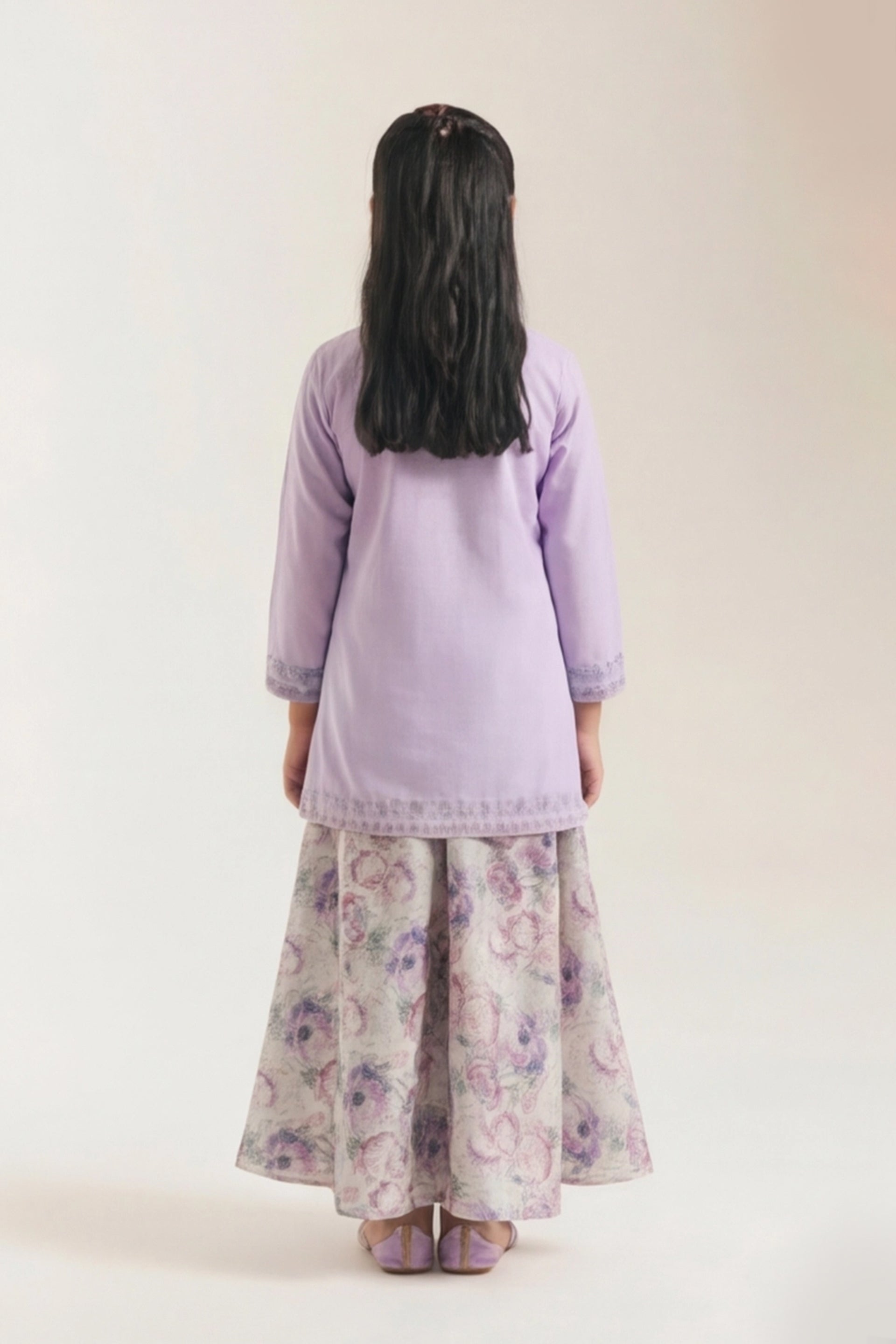 Pastel Lilac Embroidered Kurta & Watercolor Floral Skirt Set