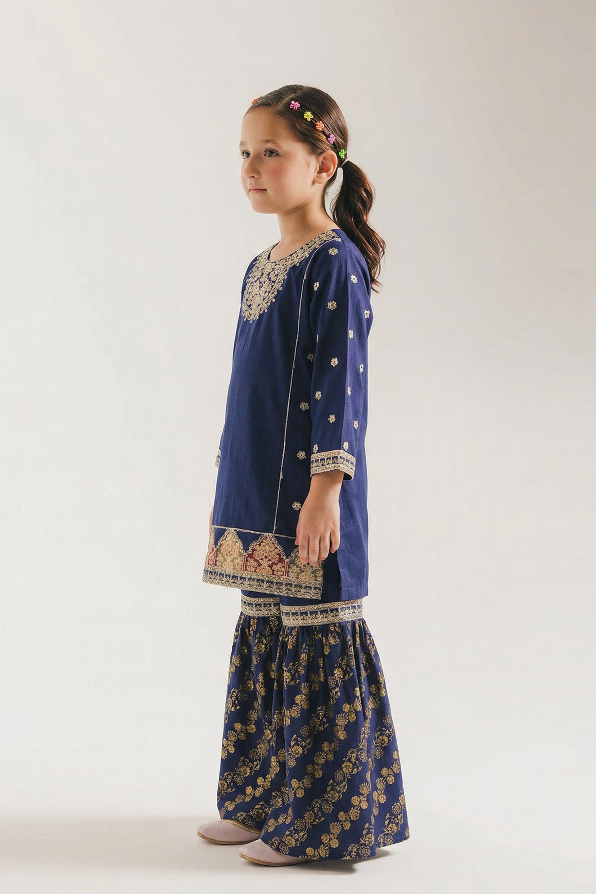 Festive Navy Blue Printed & Embroidered Kurta & Gharara Set