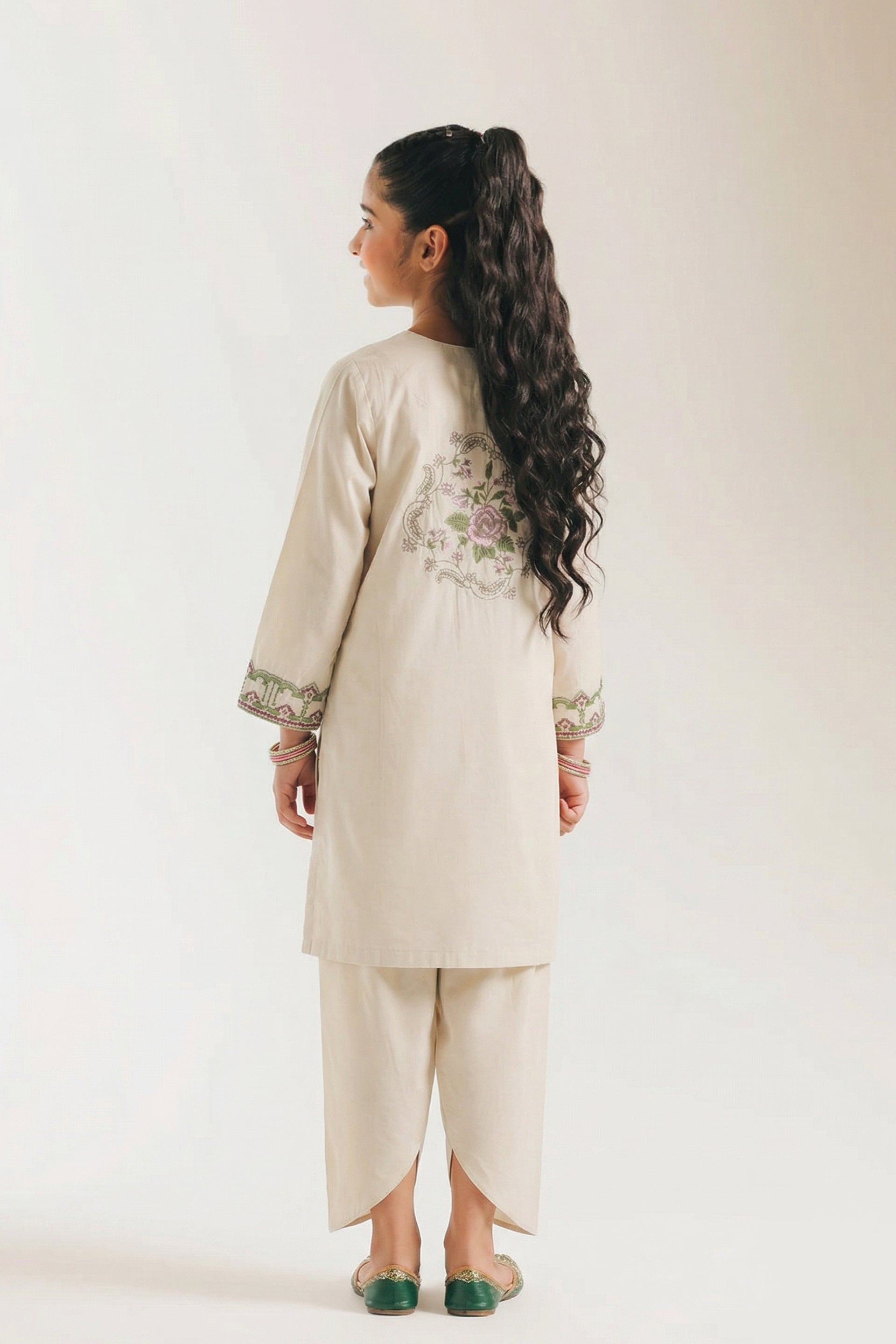 Chic Beige Multi-Color Embroidered Kurta & Tulip Trouser Set