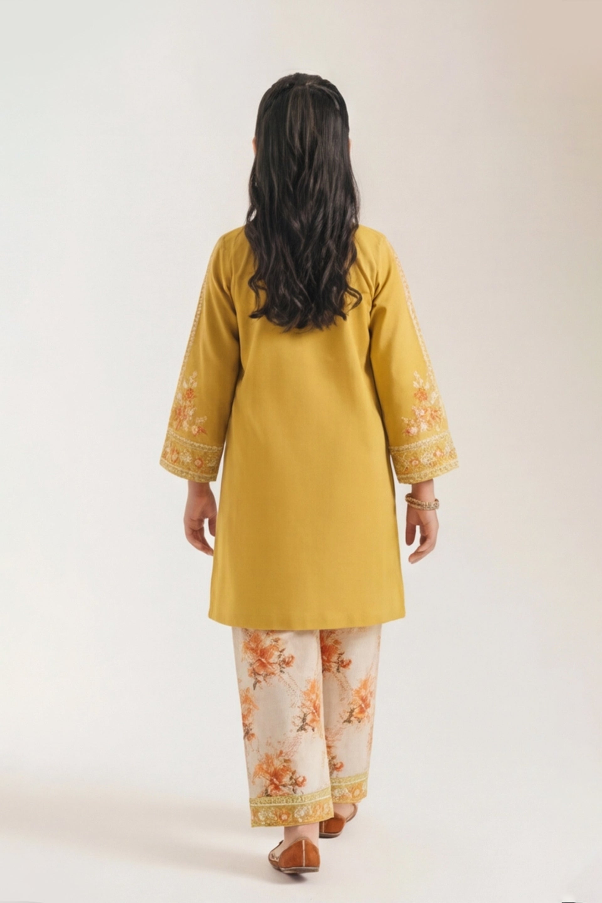 Vibrant Yellow Embroidered Kurta & Floral Printed Trouser Set