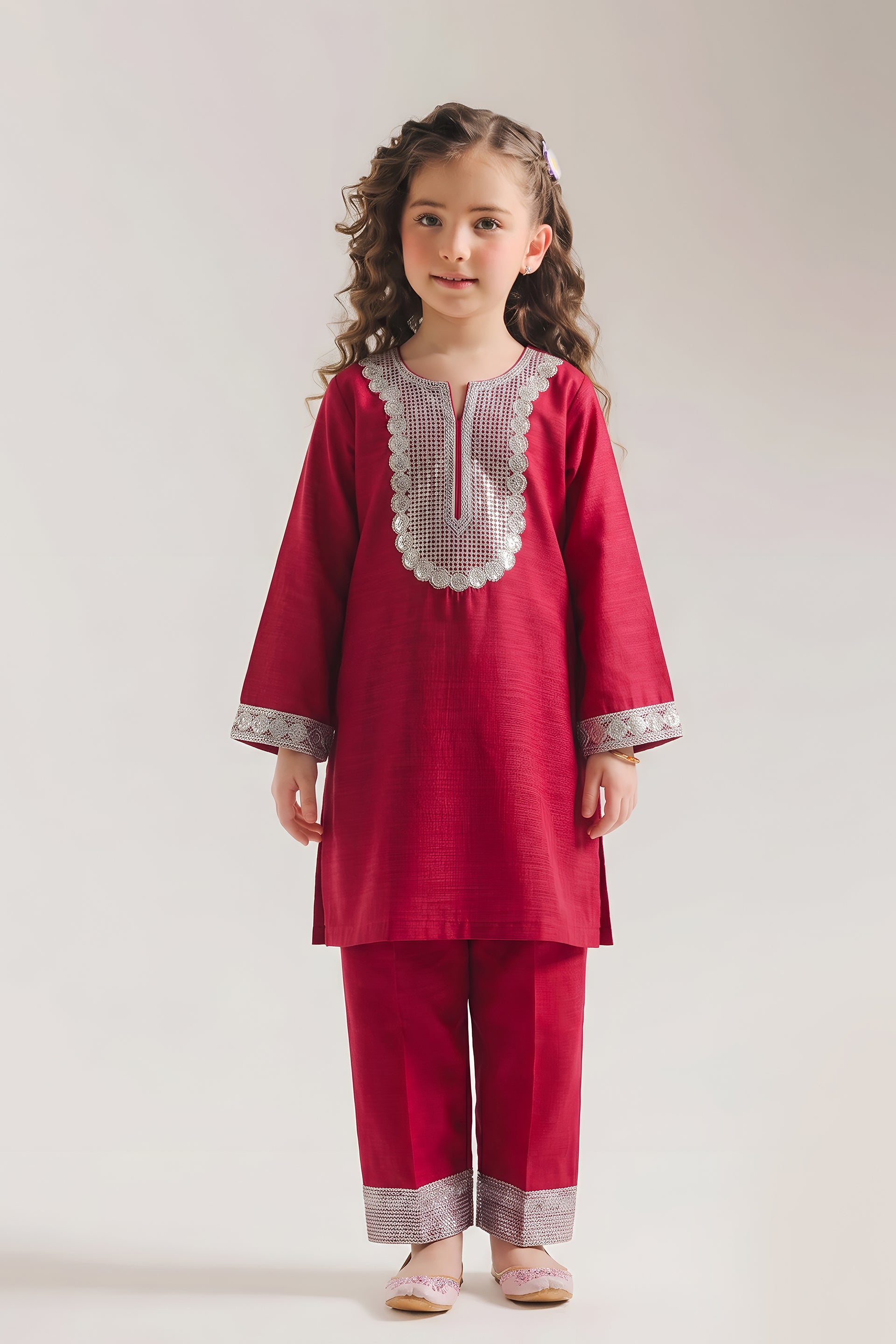 Artistic Red Silver Embroidered Kurta & Trouser Set