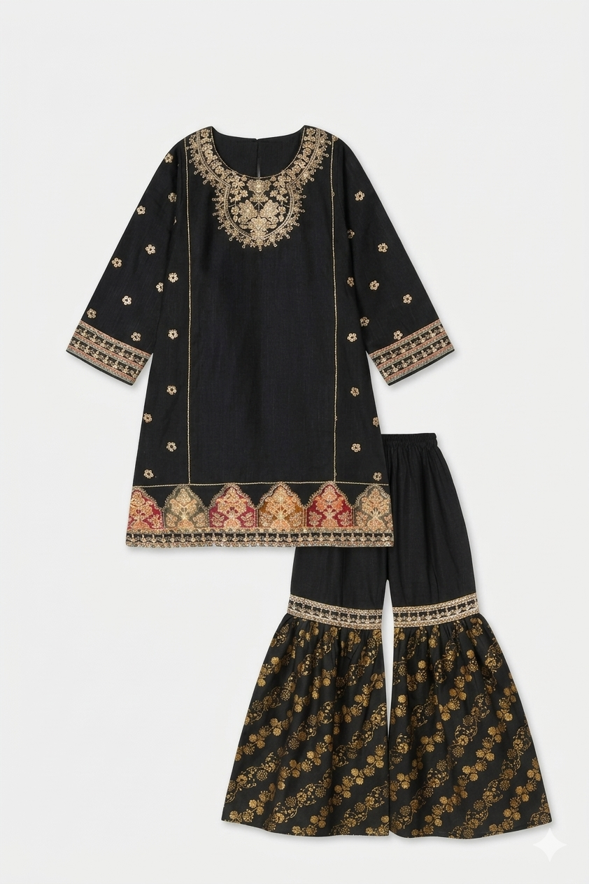 Festive Black Printed & Embroidered Kurta & Gharara Set