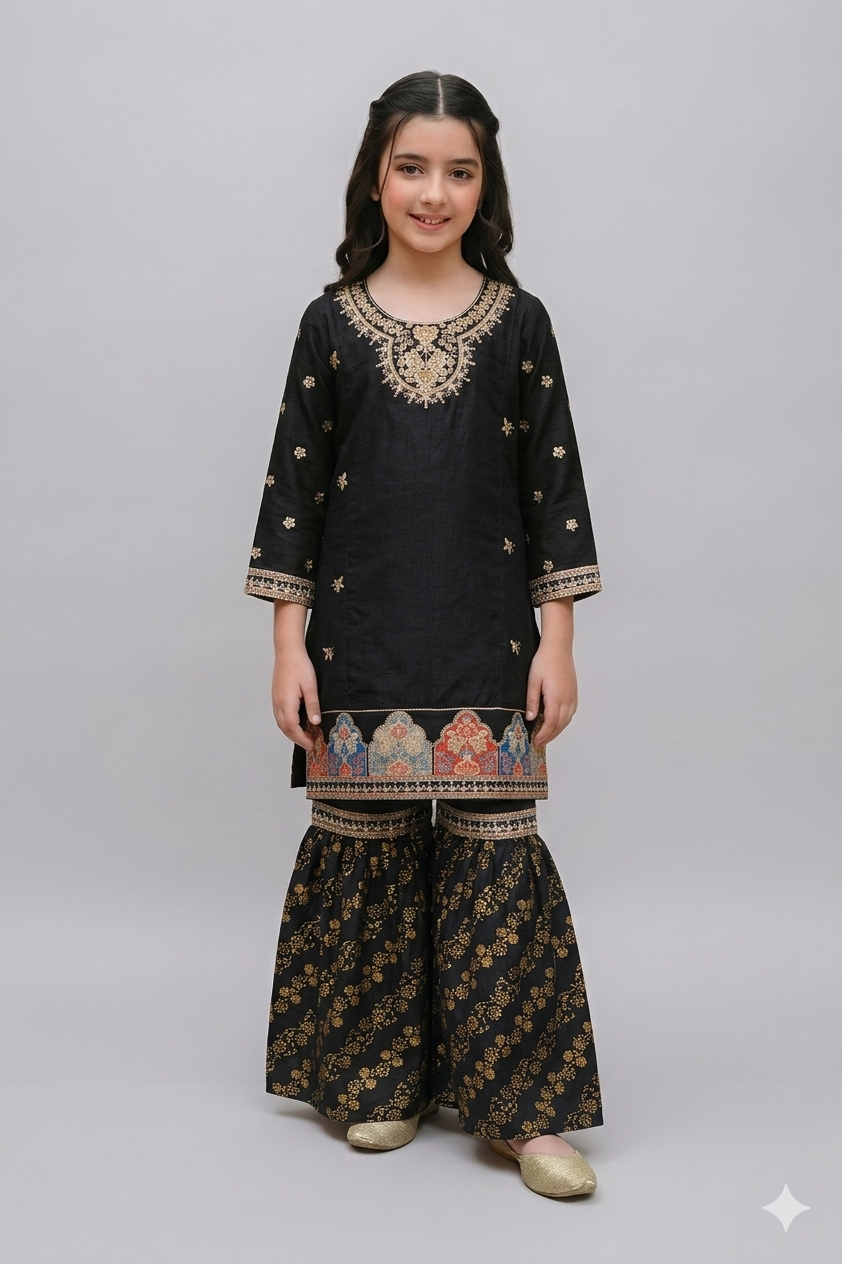 Festive Black Printed & Embroidered Kurta & Gharara Set