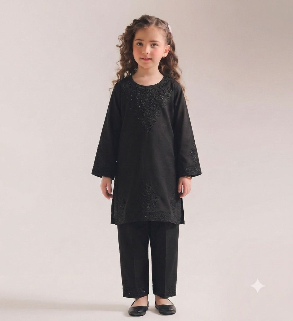 Regal Black Intricate Embroidered Kameez & Trouser Set