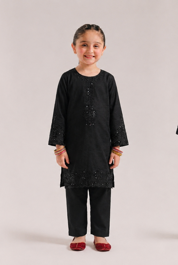 Classic Black Shadow Embroidered Kameez & Trouser Set