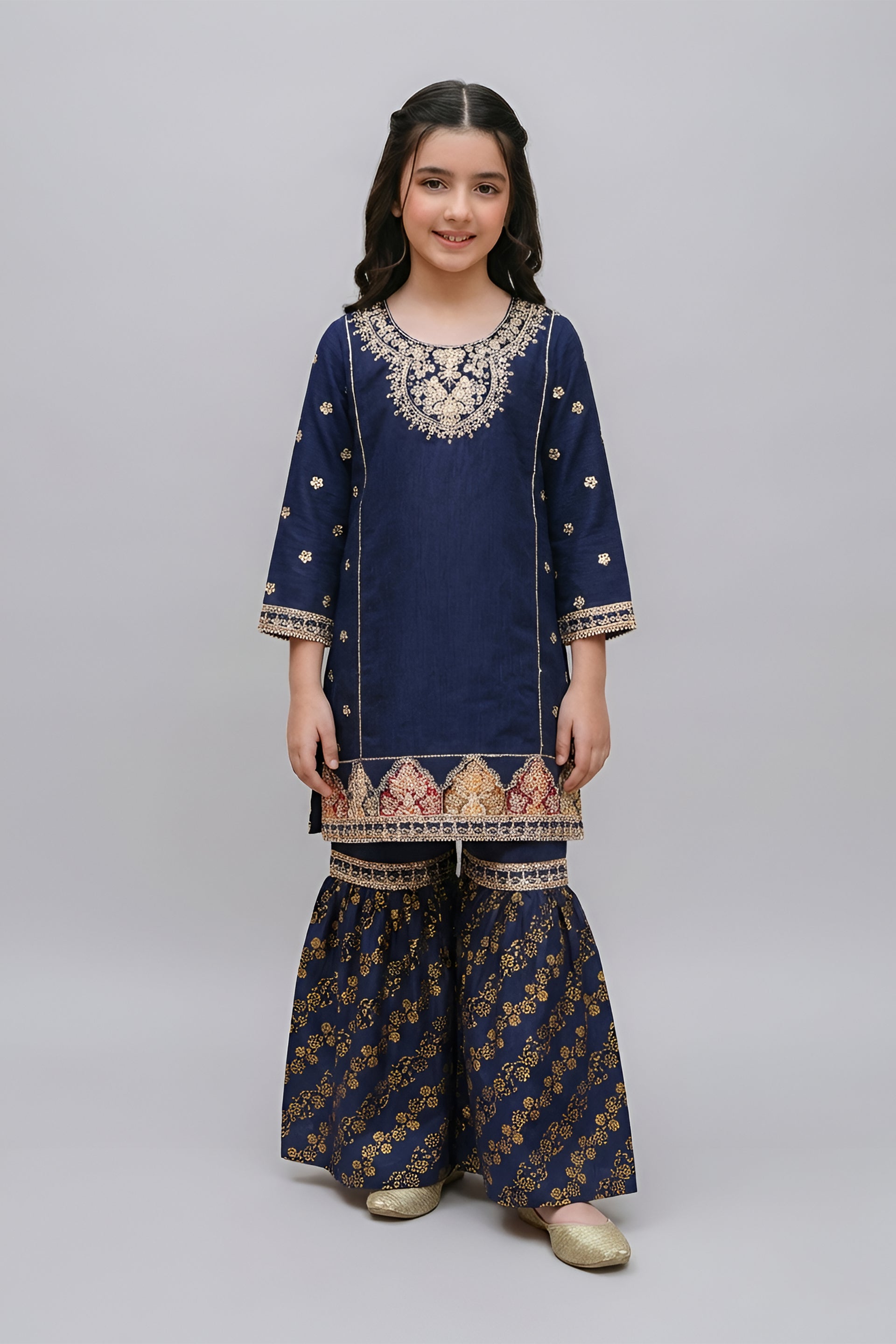 Festive Navy Blue Printed & Embroidered Kurta & Gharara Set