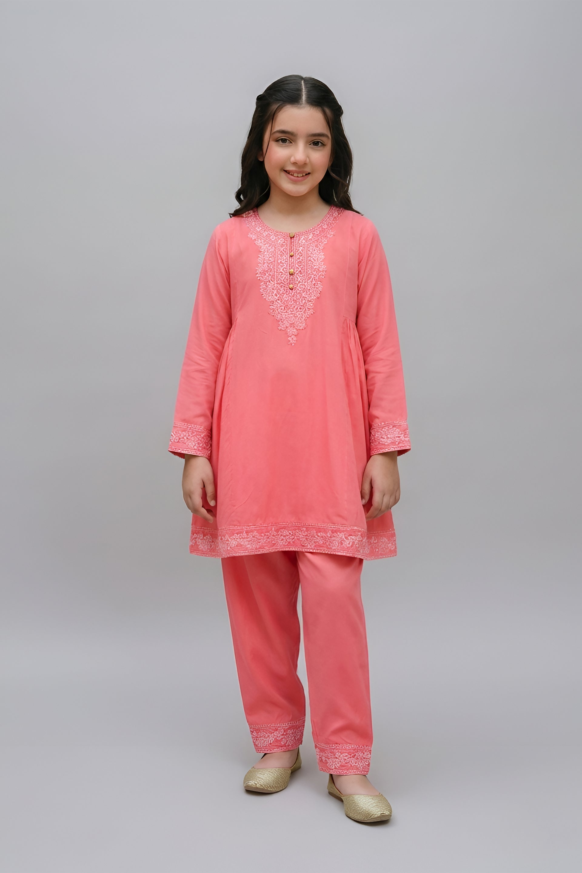Chic Salmon Pink White Embroidered Peplum Kurta & Trouser Set