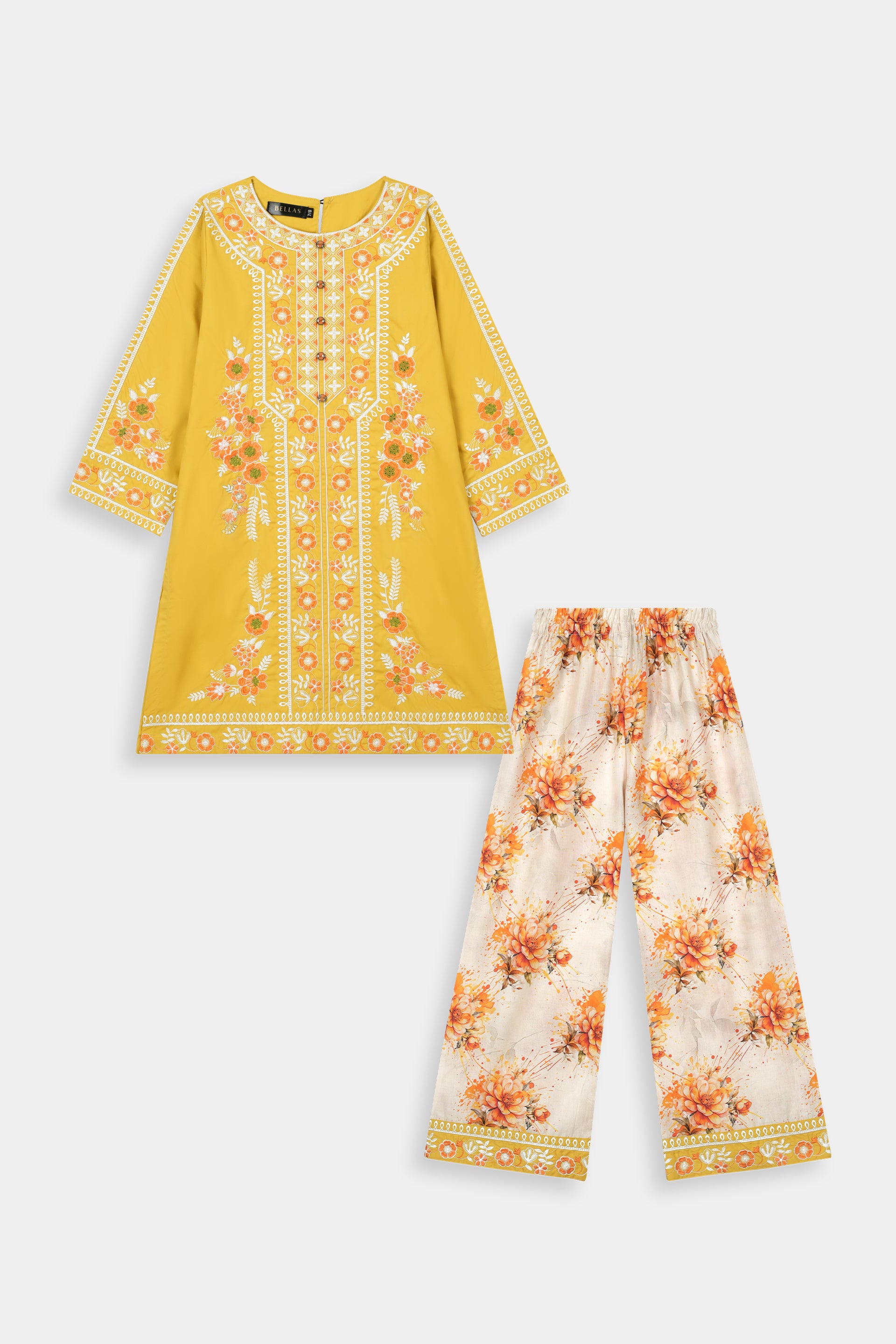 Vibrant Mustard Embroidered Kurta & Floral Printed Trouser Set