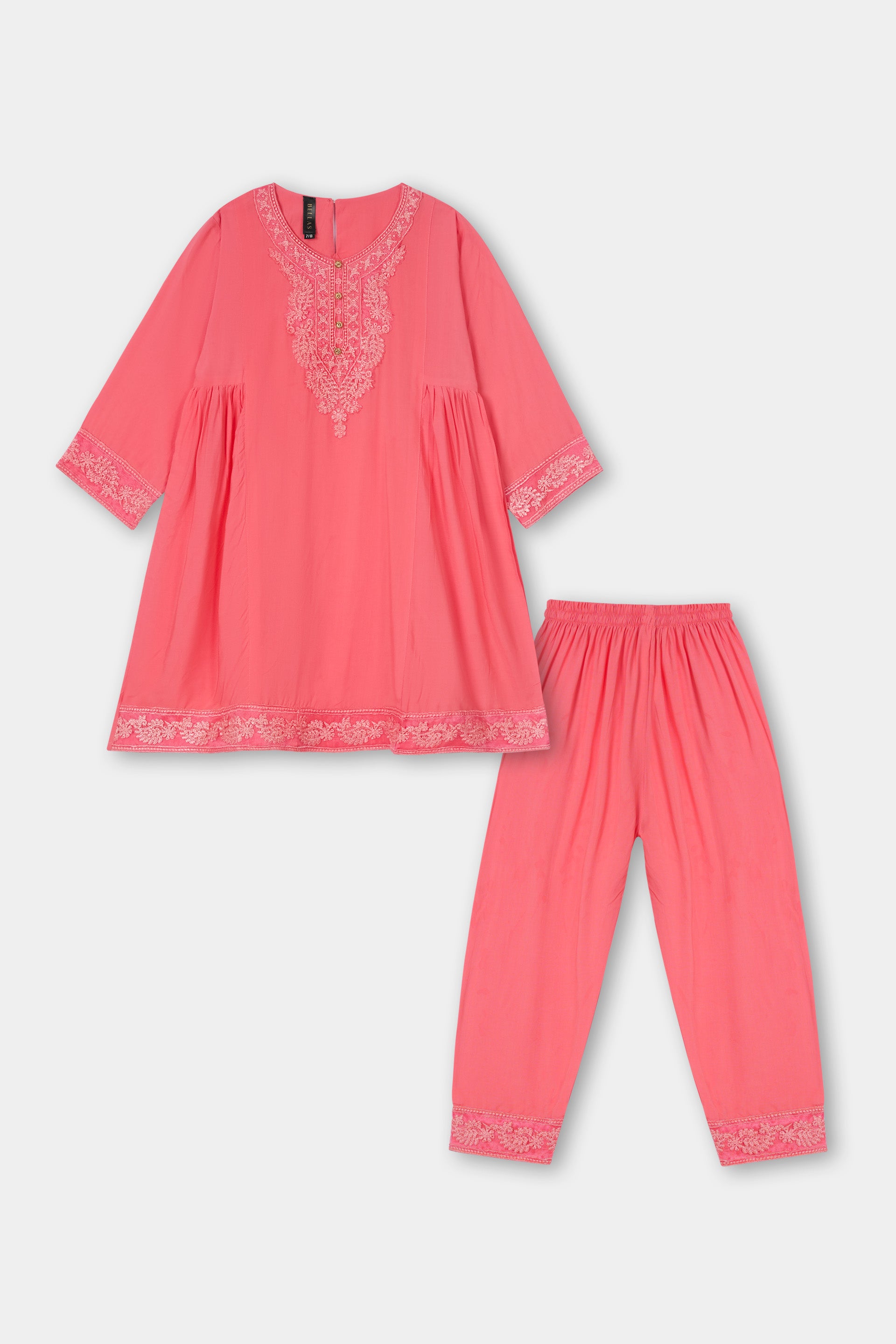 Chic Salmon Pink White Embroidered Peplum Kurta & Trouser Set