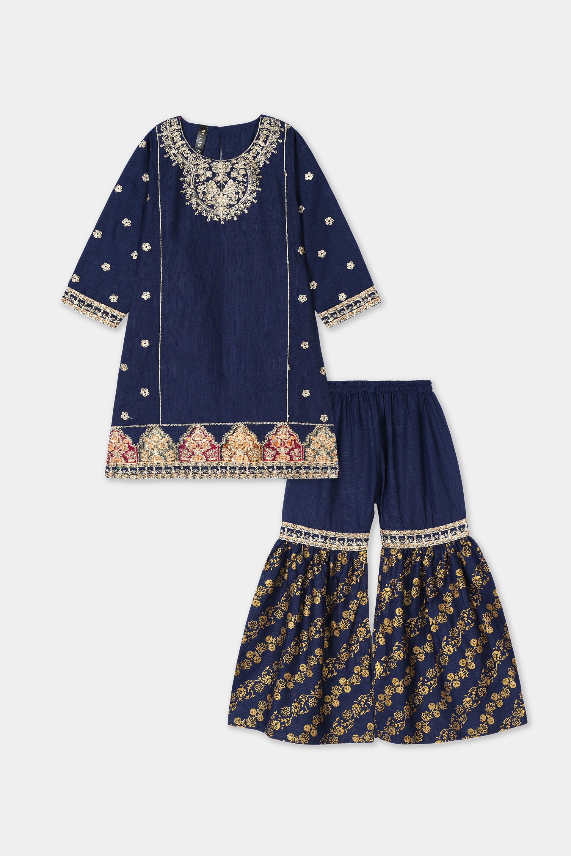 Festive Navy Blue Printed & Embroidered Kurta & Gharara Set