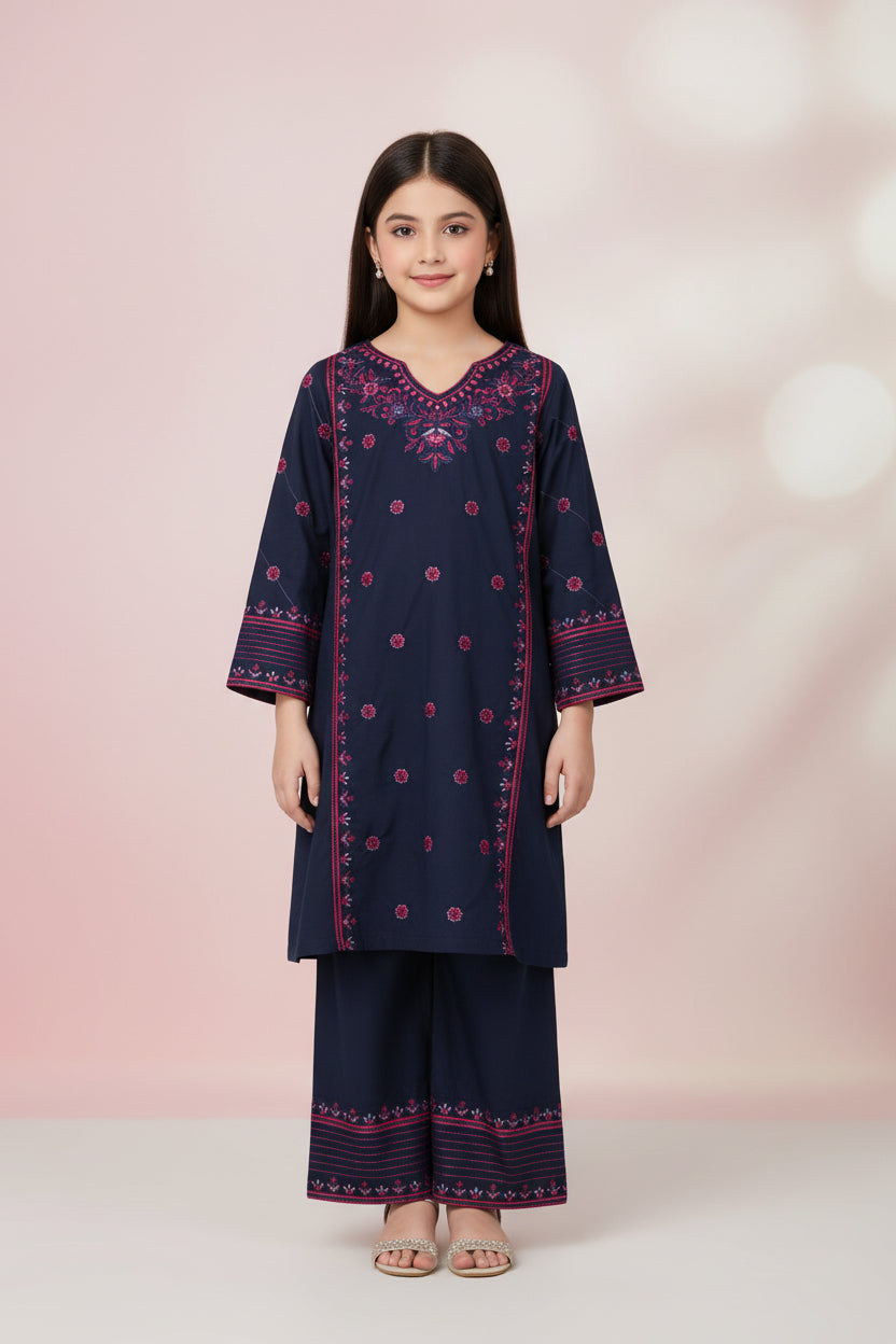 Sophisticated Navy Blue, Pink Floral Embroidered Kurta Trouser Set