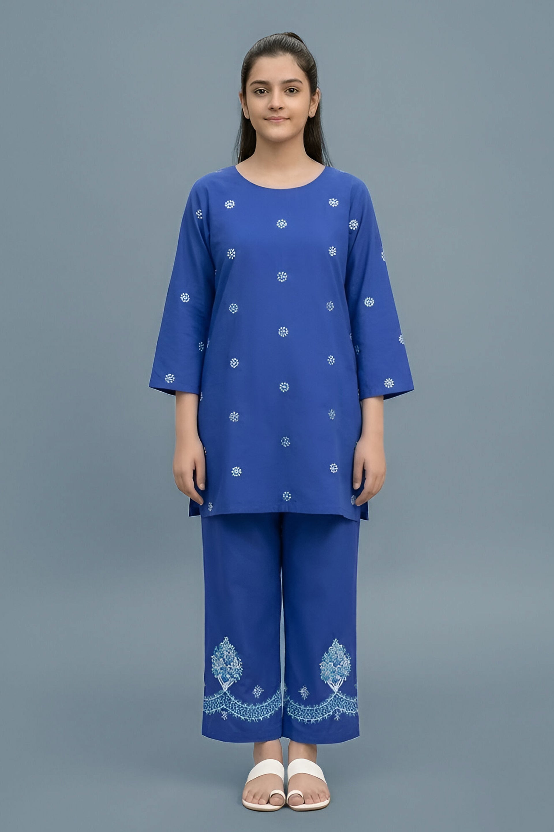 Royal Blue Embroidered Kurta & Tree Motif Trouser Set