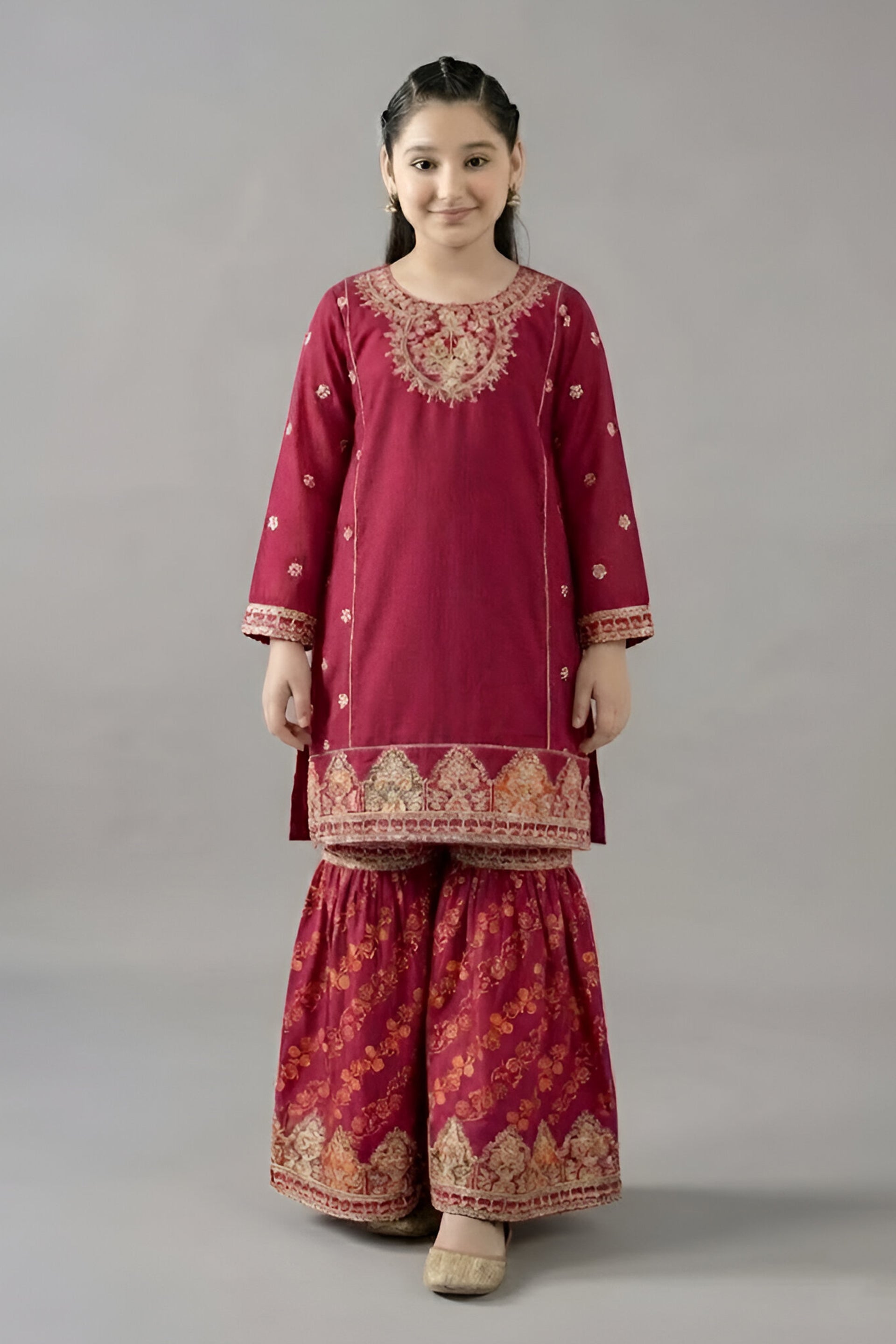 Luxurious Maroon Printed & Embroidered Kurta & Gharara Set