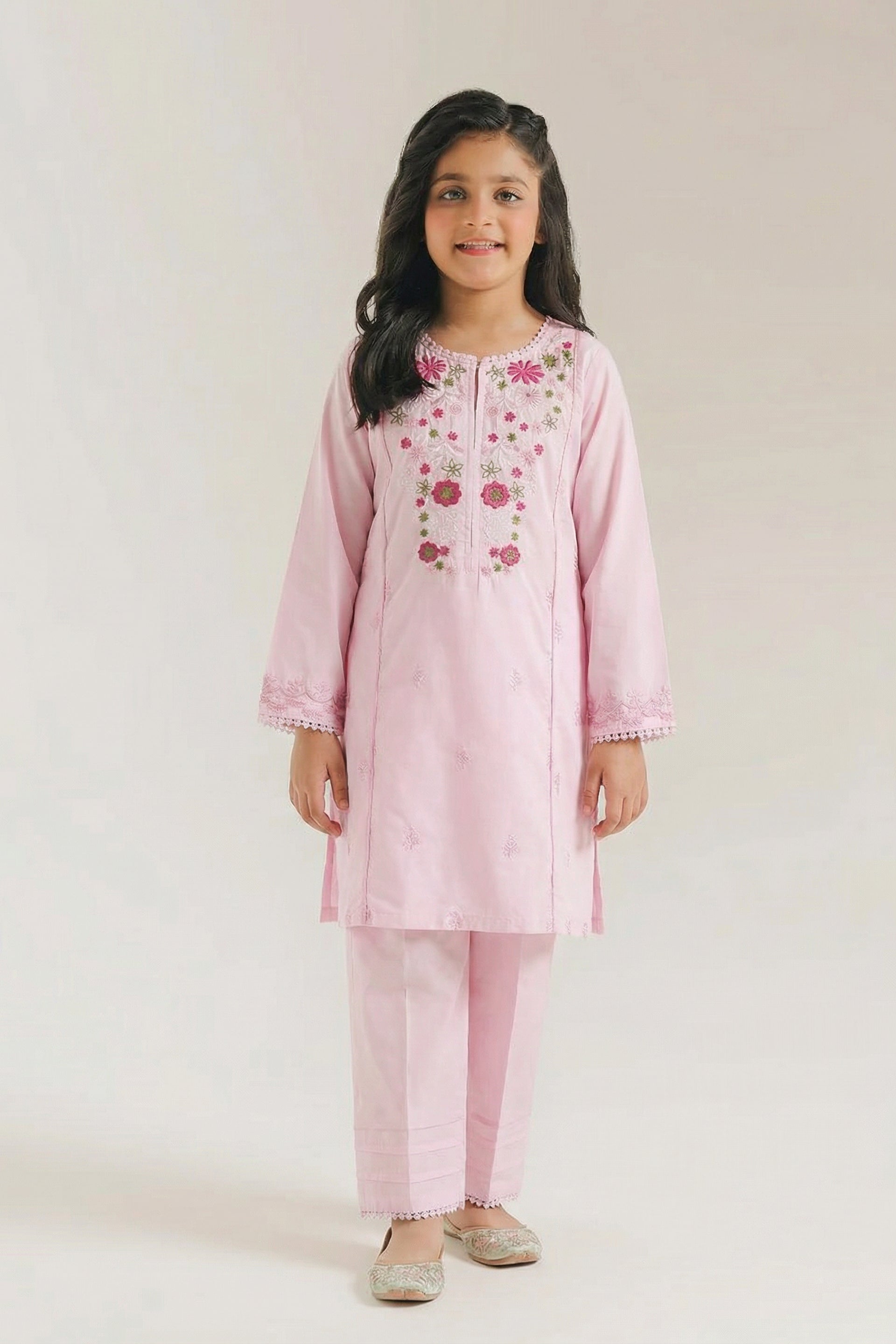 Stylish Pink Floral Embroidered Kurta & Trouser Set