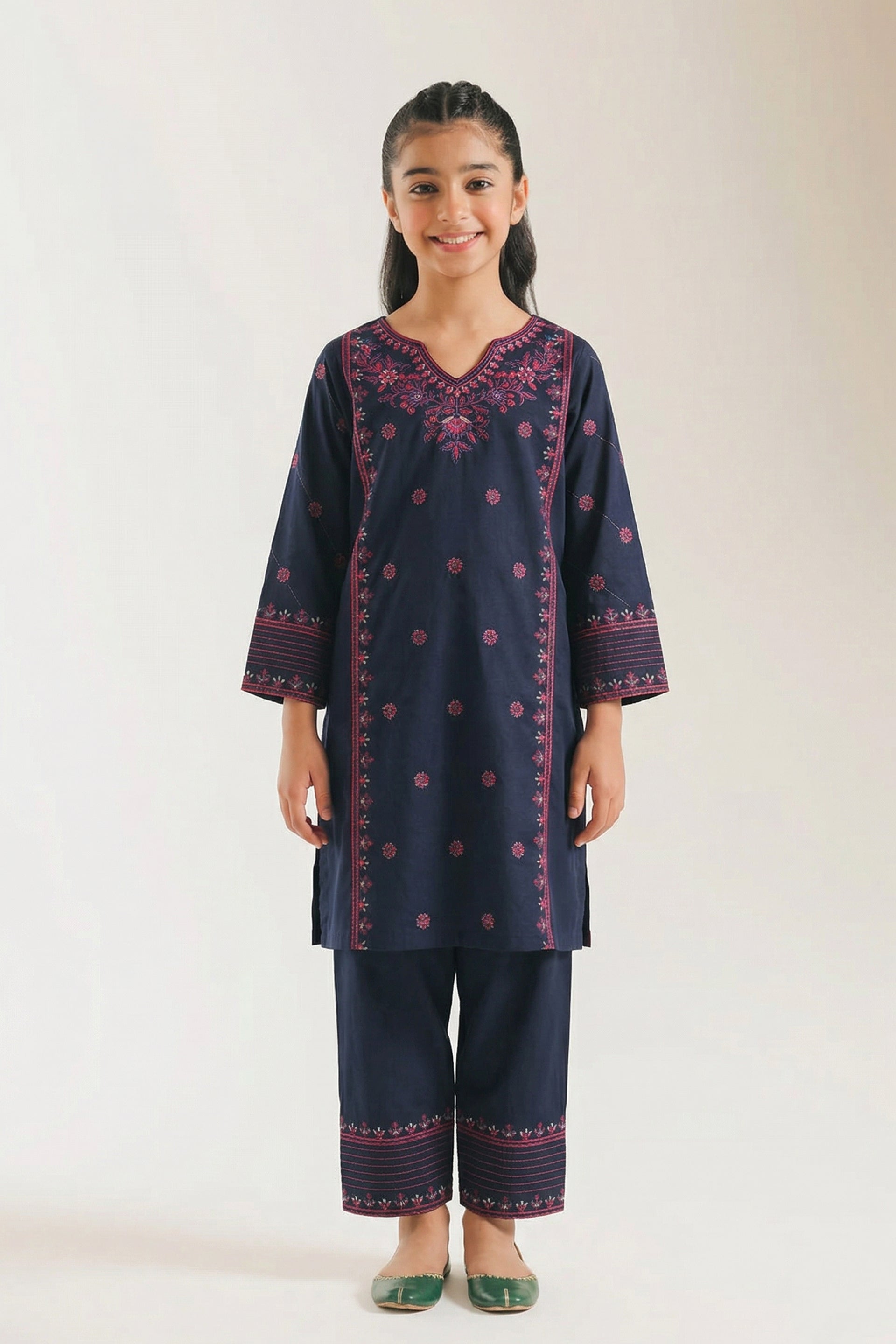 Sophisticated Navy Blue, Pink Floral Embroidered Kurta Trouser Set
