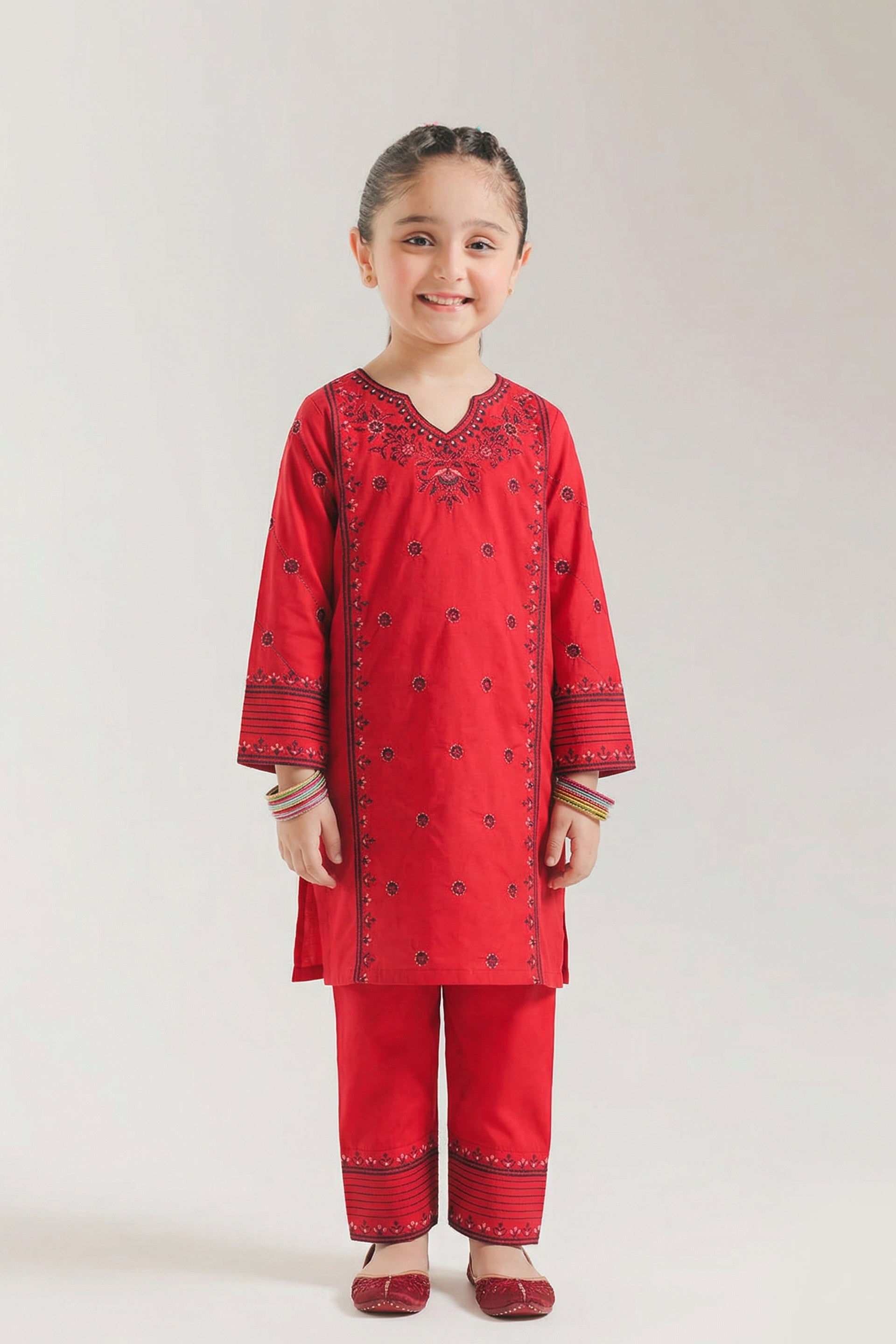 Bold Red Black & Multi-thread Embroidered Kurta Trouser Set