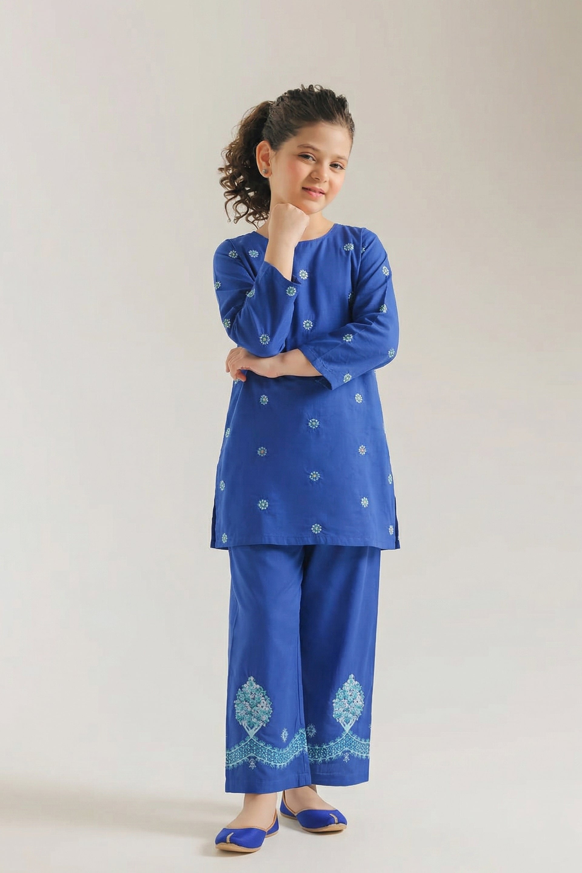 Royal Blue Embroidered Kurta & Tree Motif Trouser Set