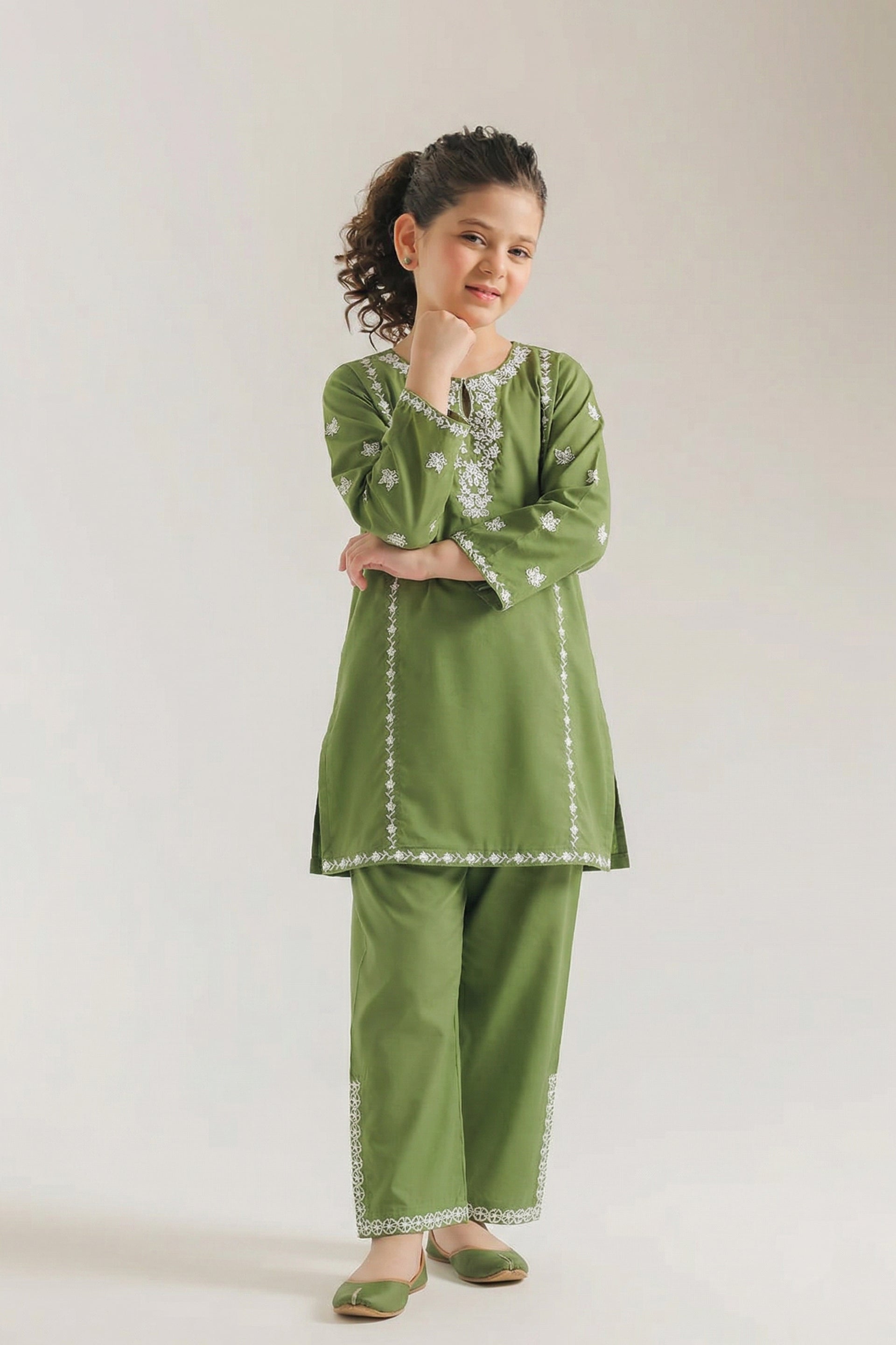 Elegant Olive Green Embroidered Kurta & Trouser Set