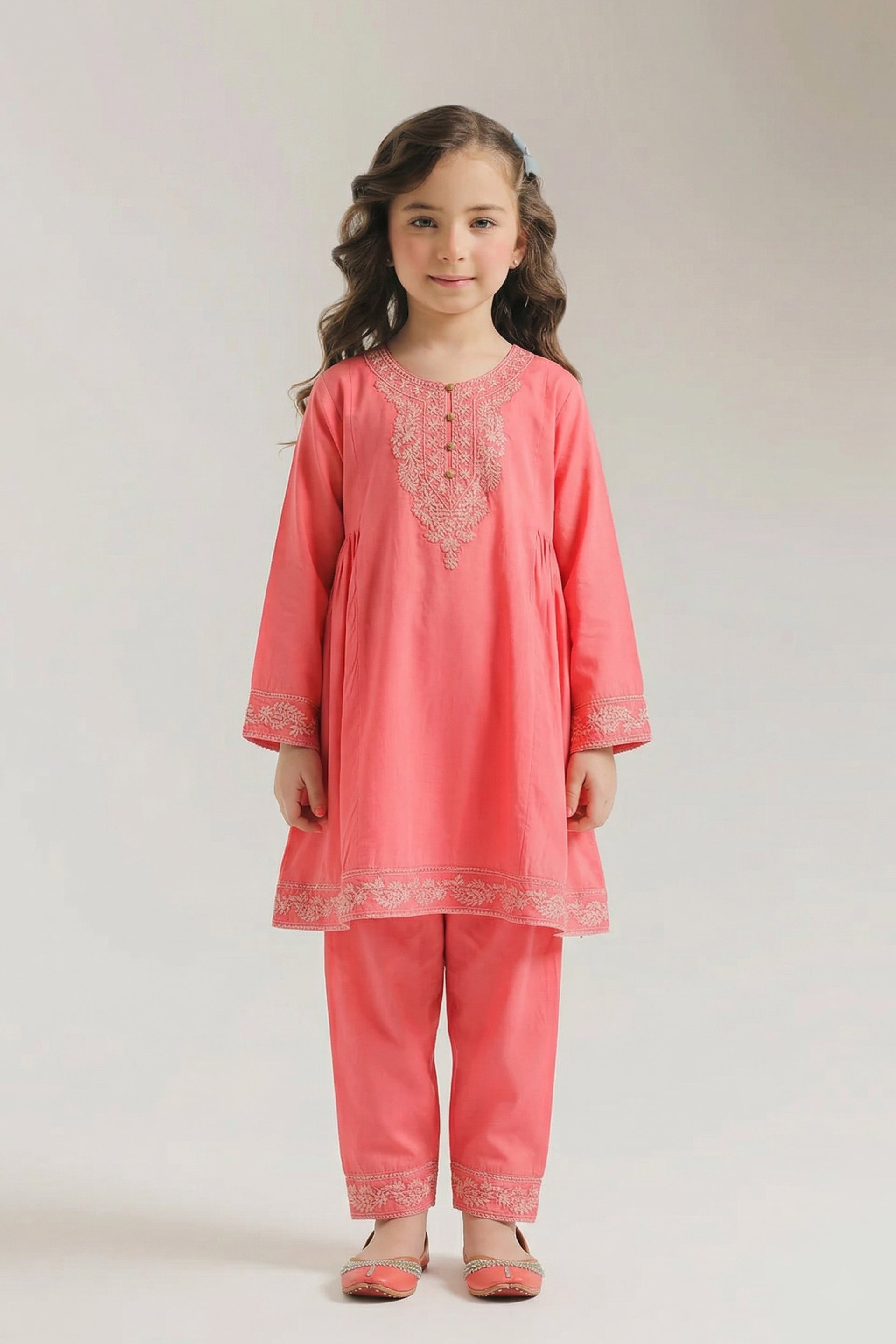 Chic Salmon Pink White Embroidered Peplum Kurta & Trouser Set