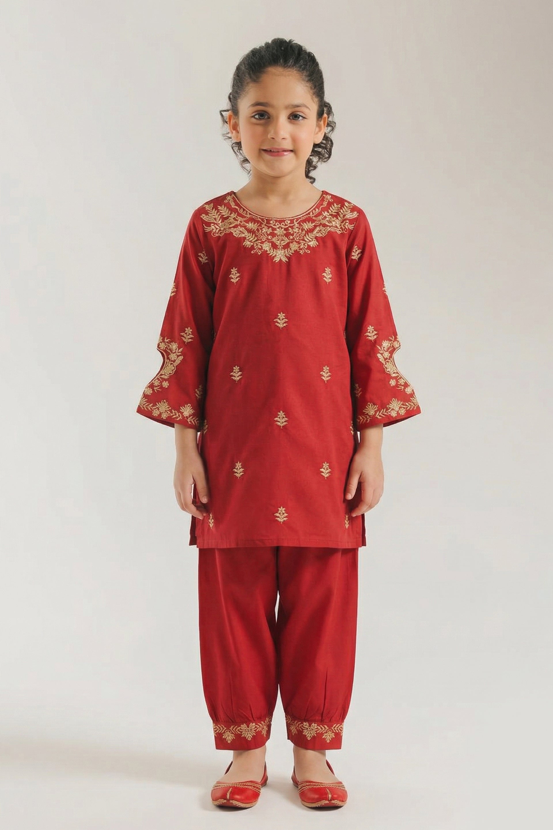 Festive Red Embroidered Kurta & Tulip Trouser Set