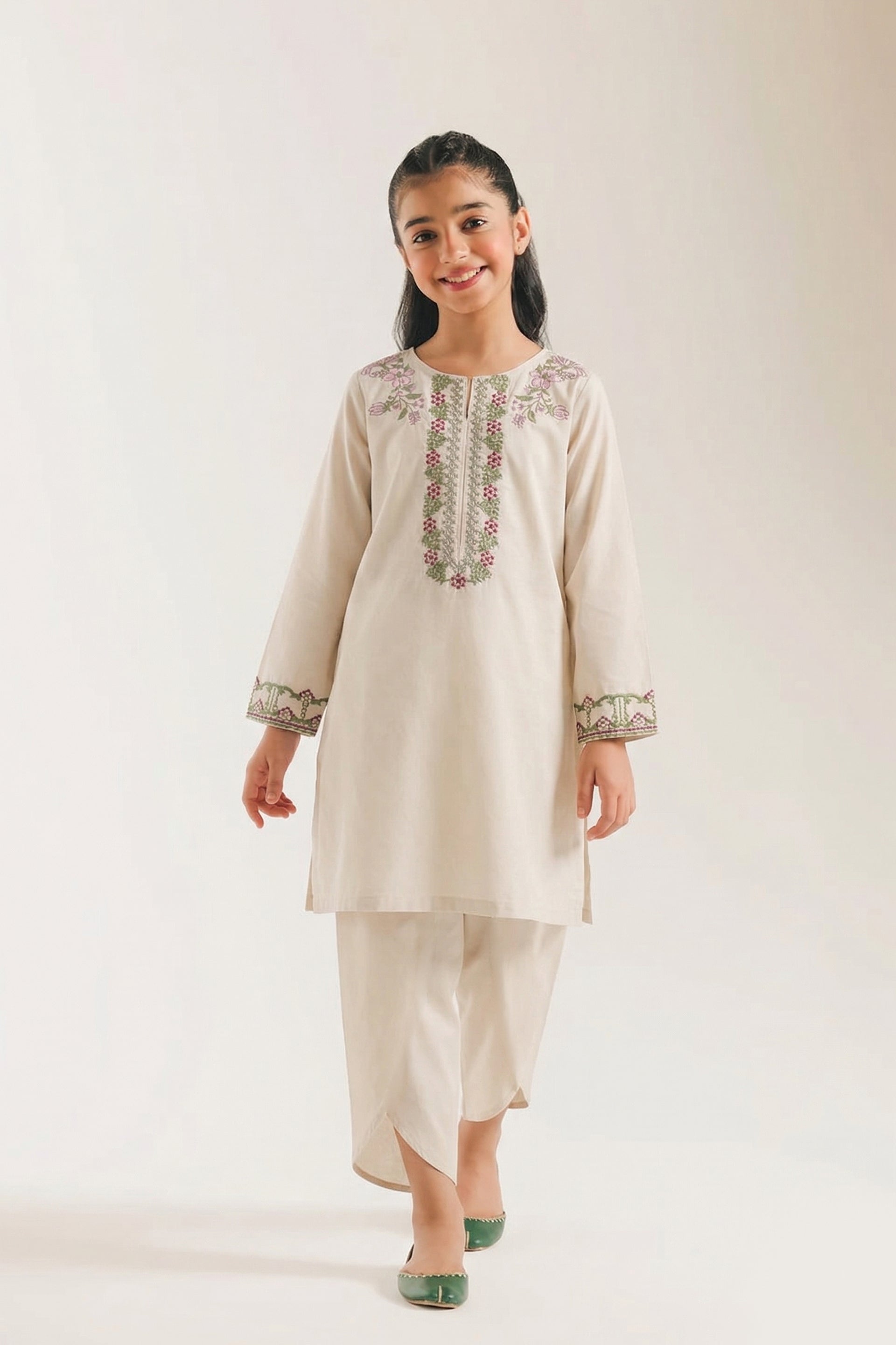 Chic Beige Multi-Color Embroidered Kurta & Tulip Trouser Set