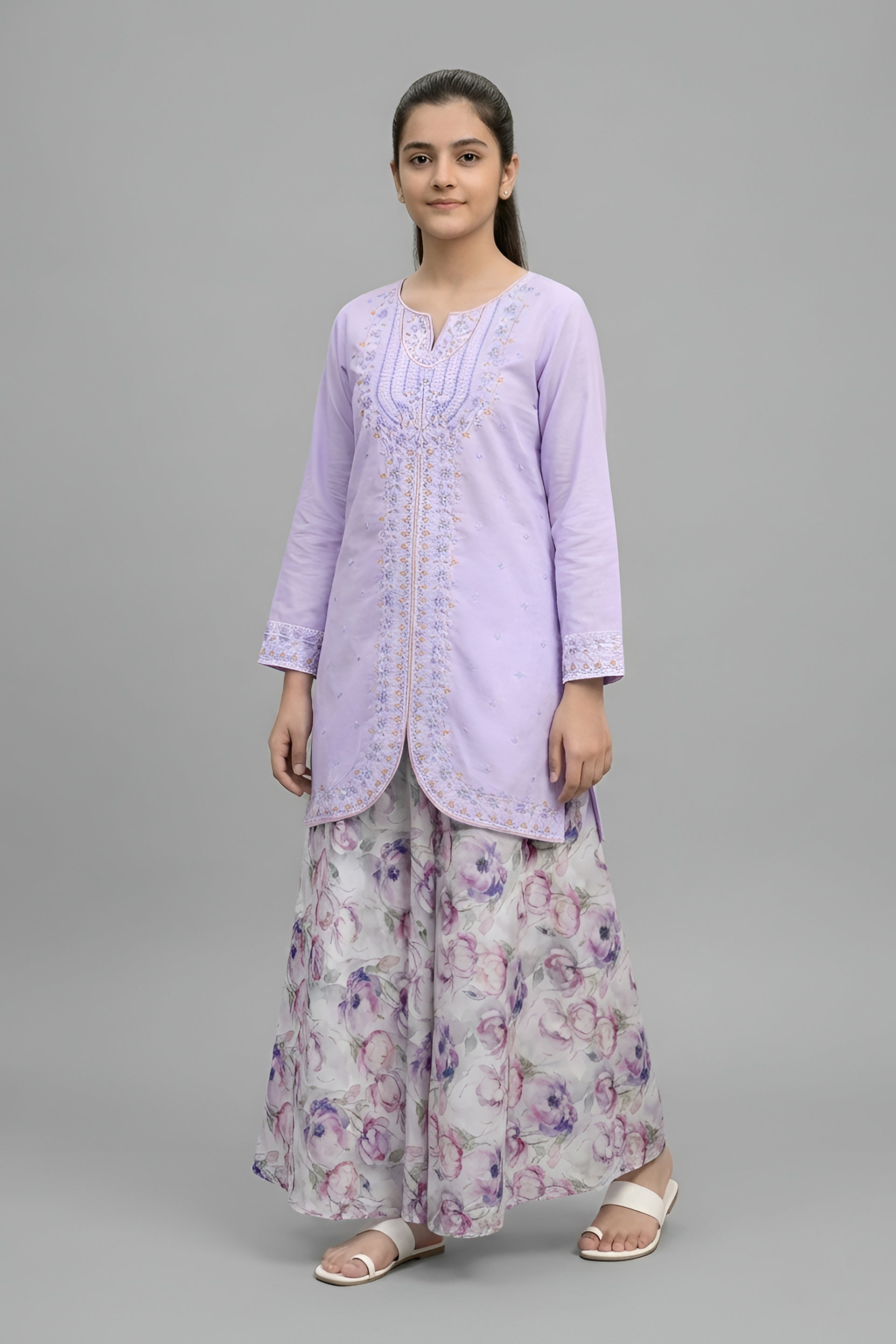 Pastel Lilac Embroidered Kurta & Watercolor Floral Skirt Set