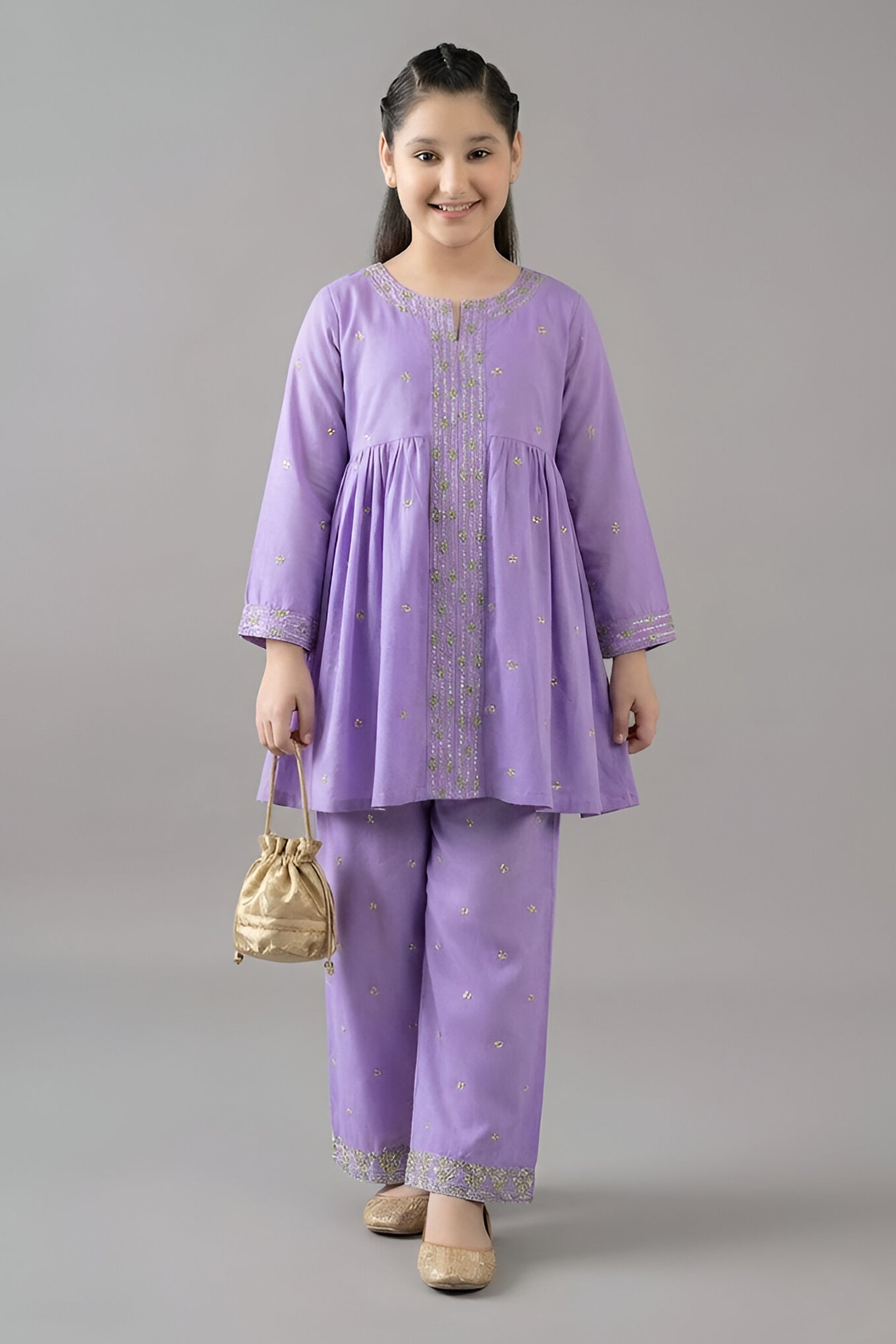 Chic Lilac Gold-Green Embroidered Peplum Kurta & Trouser Set