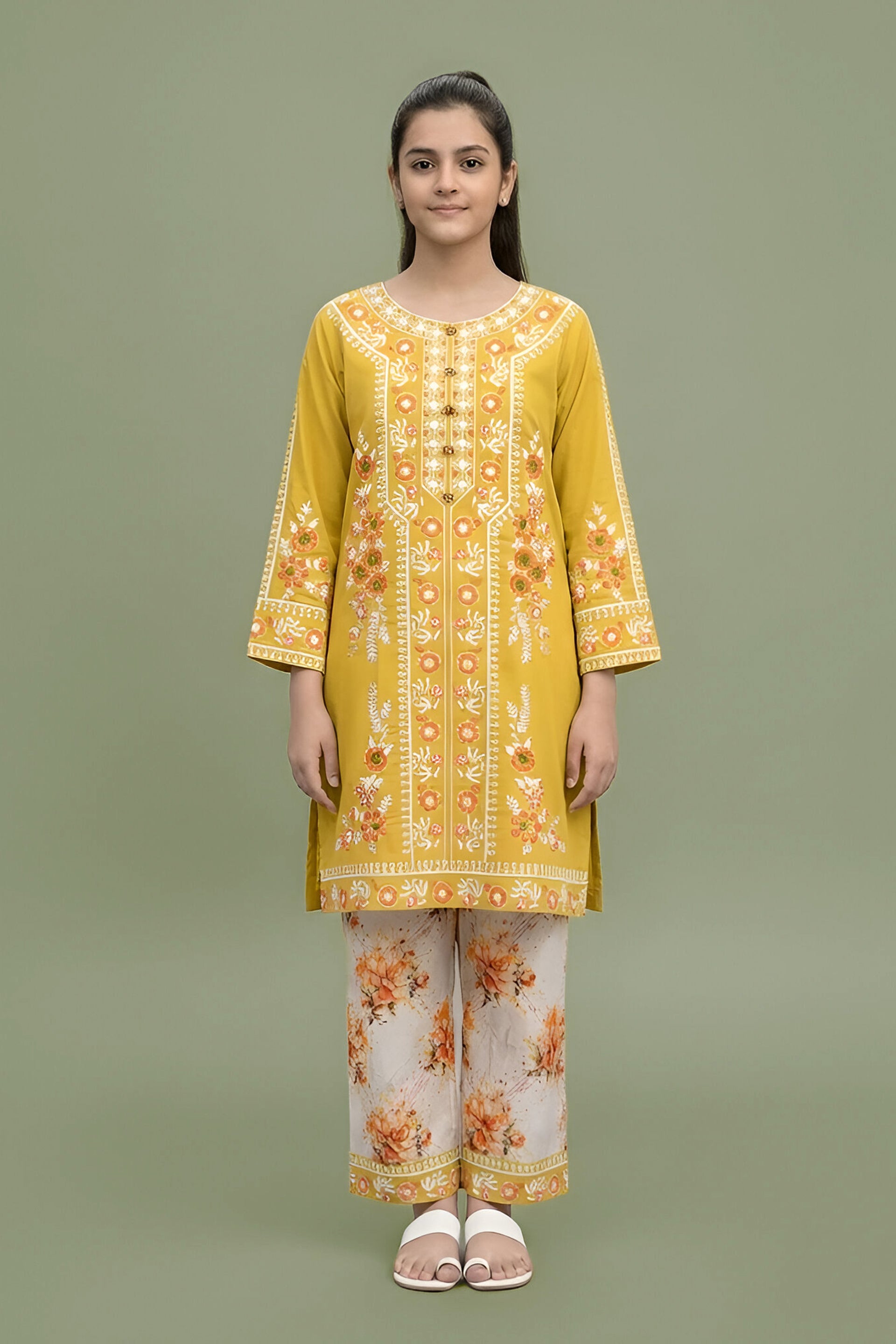 Vibrant Mustard Embroidered Kurta & Floral Printed Trouser Set