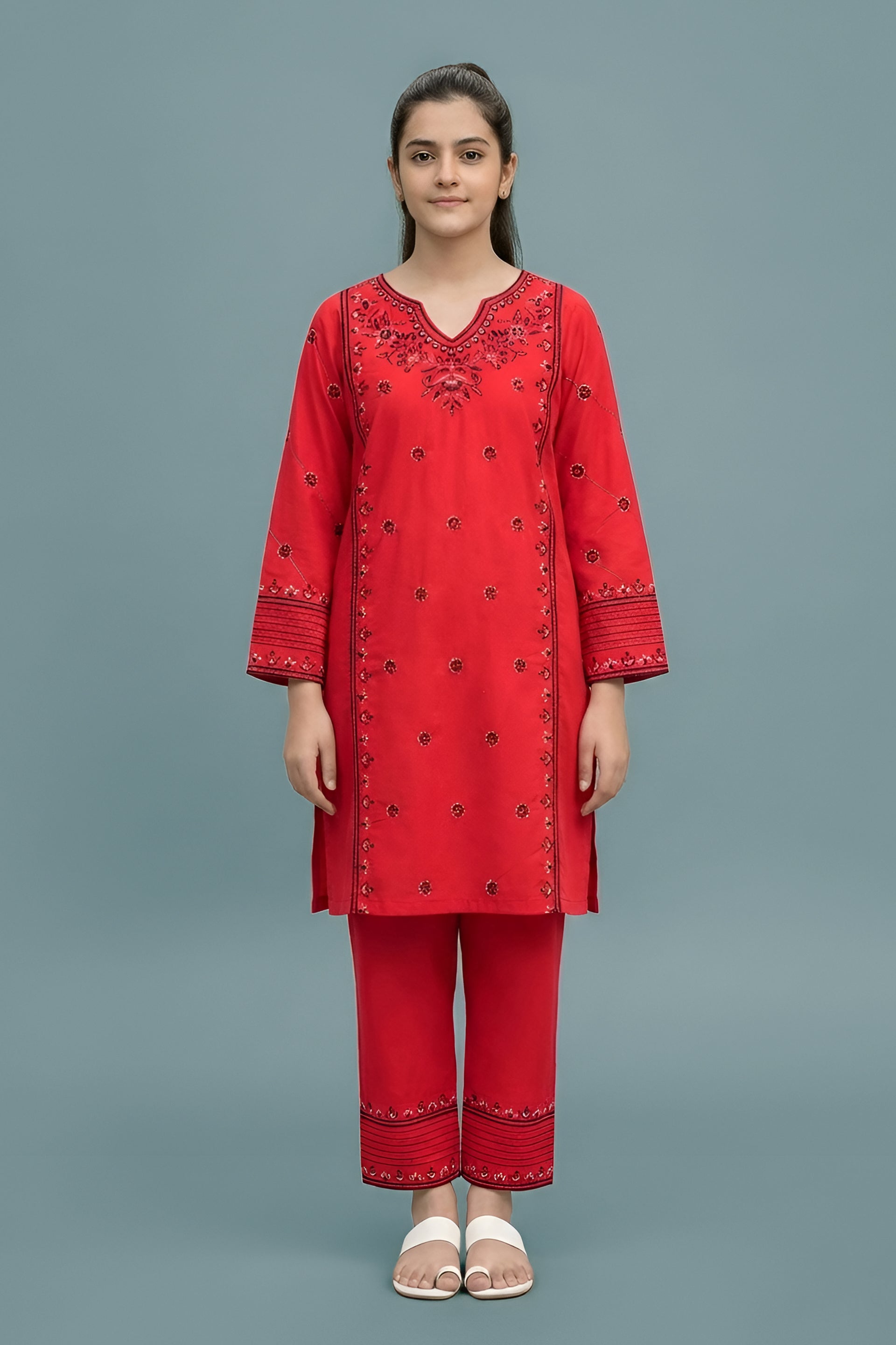 Bold Red Black & Multi-thread Embroidered Kurta Trouser Set