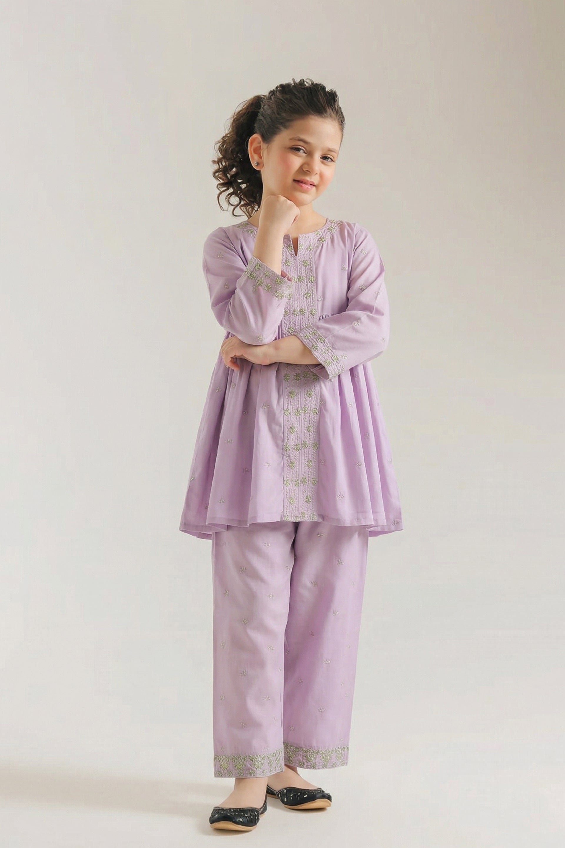Chic Lilac Gold-Green Embroidered Peplum Kurta & Trouser Set