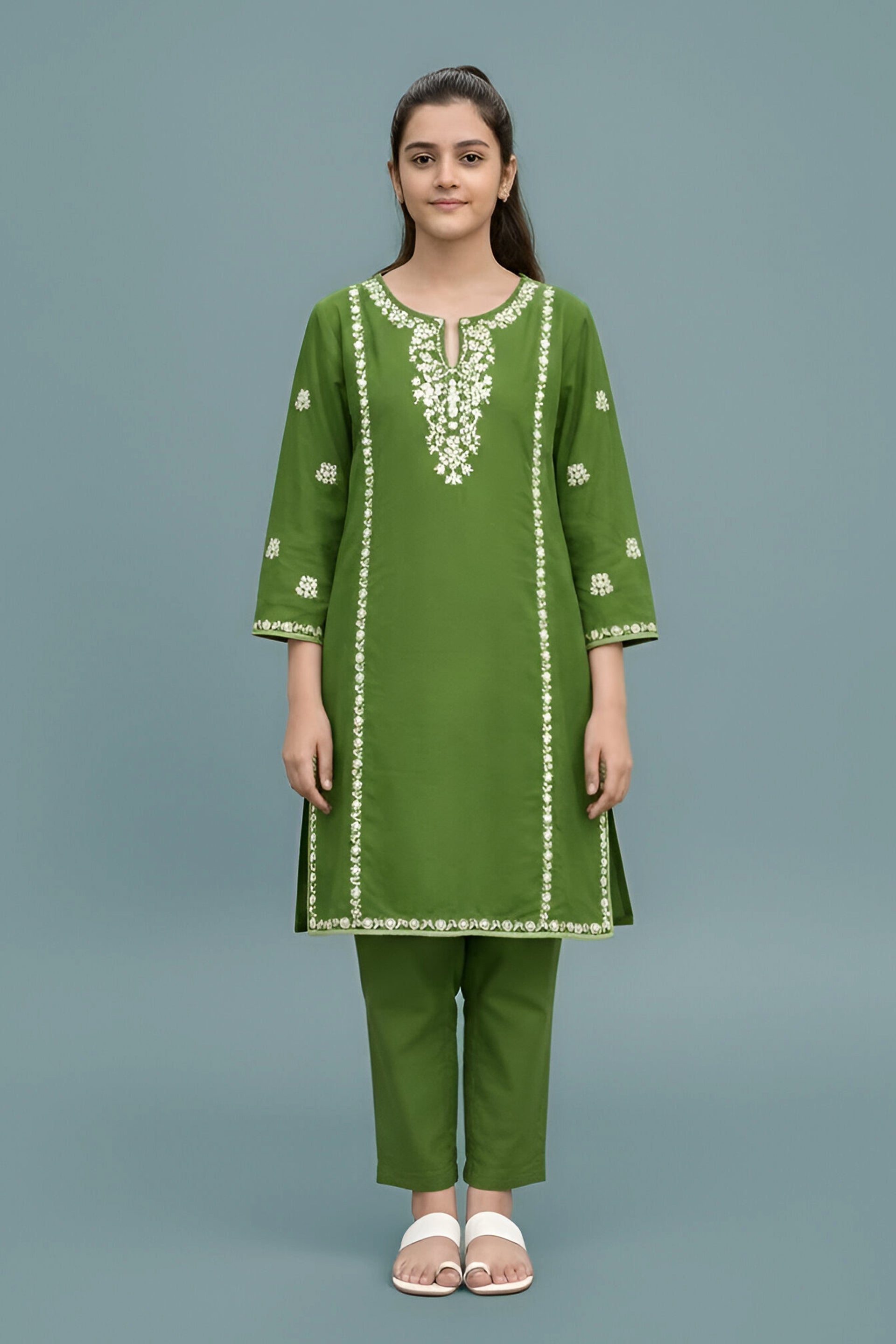 Elegant Olive Green Embroidered Kurta & Trouser Set