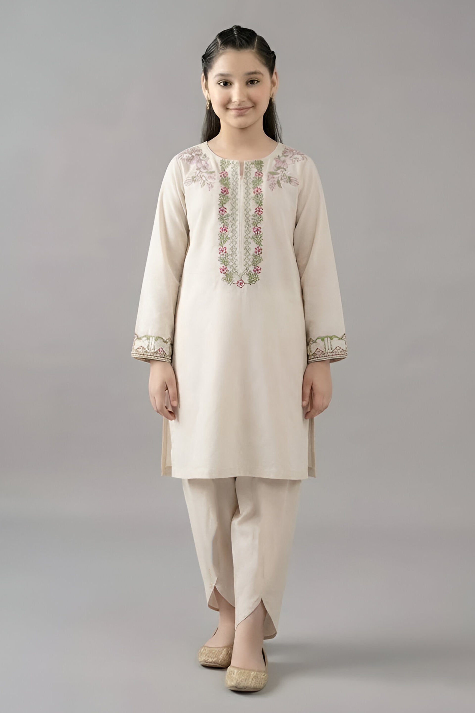 Chic Beige Multi-Color Embroidered Kurta & Tulip Trouser Set