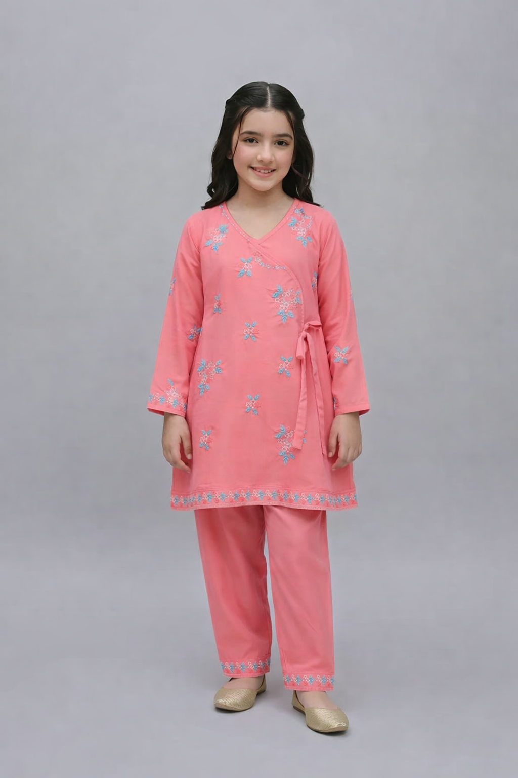 Chic Peach Angrakha Embroidered Kurta & Trouser Set